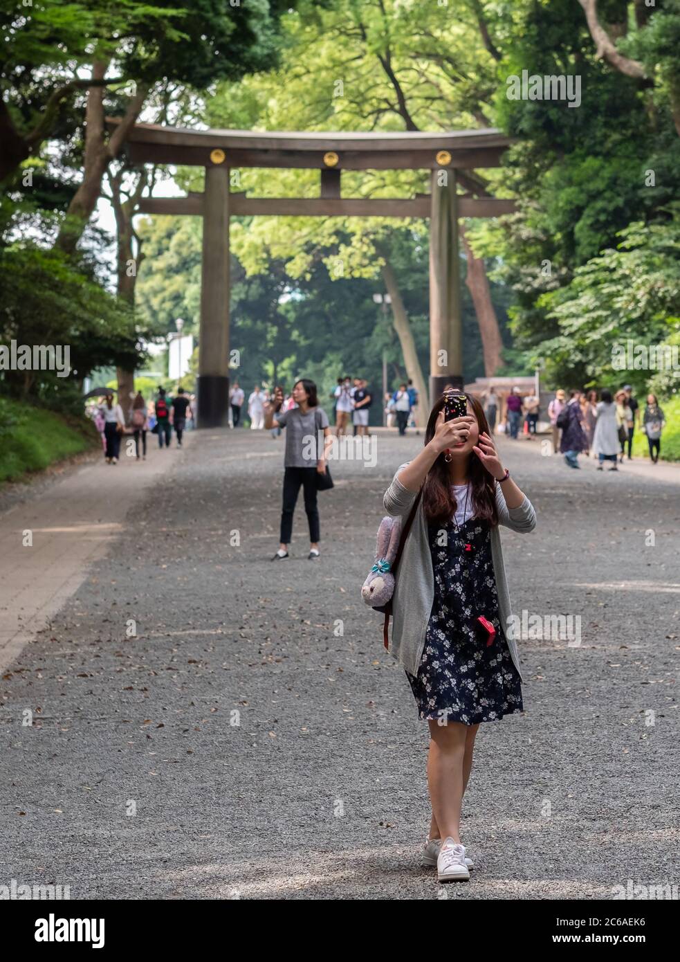 Touristen und Besucher gehen am riesigen hölzernen Torii-Tor im Meji Jingu-Schrein, Tokio, japan vorbei Stockfoto