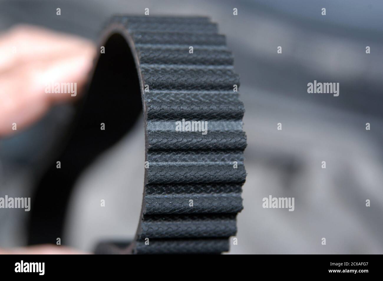 Zahnriemenantrieb präsentiert seine Zahnoberfläche Stockfoto