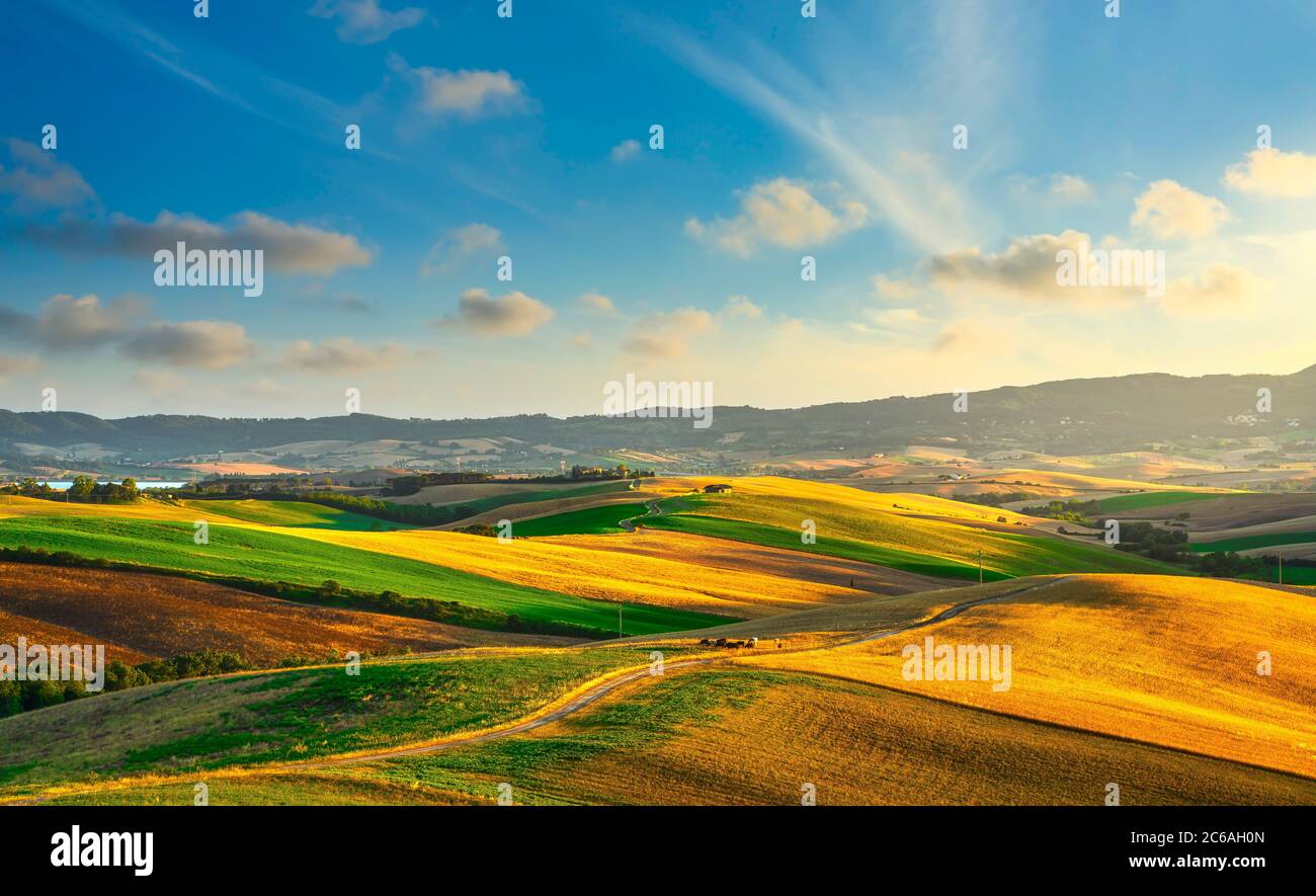 Toskanisches Landpanorama, sanfte Hügel und grüne Felder bei Sonnenuntergang. Santa Luce, Pisa Italien, Europa Stockfoto