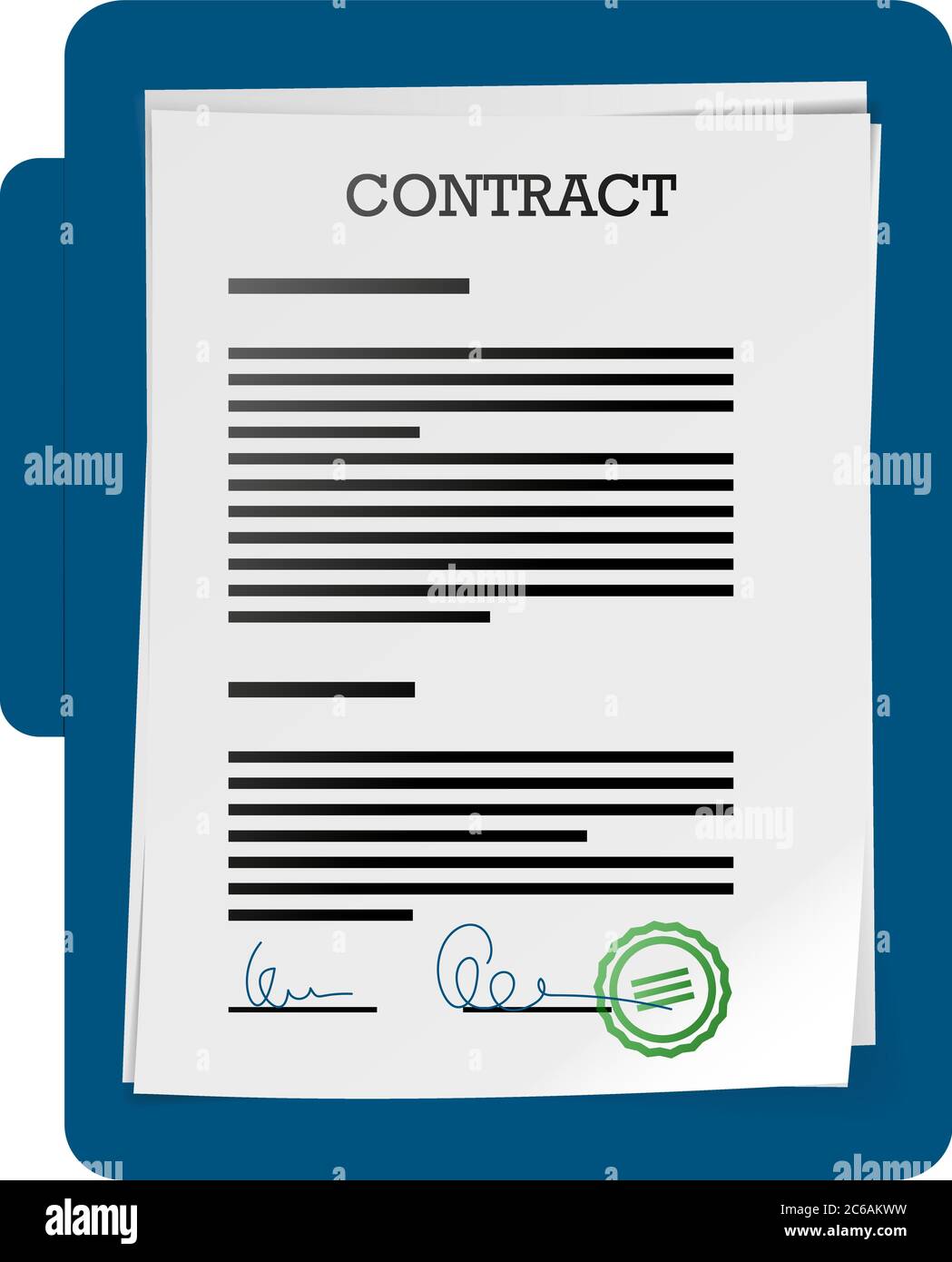 Stapel von Dokumenten oder Vertragsunterlagen mit abstrakten Signaturen und Stempel in Ordner Vektorgrafik Stock Vektor