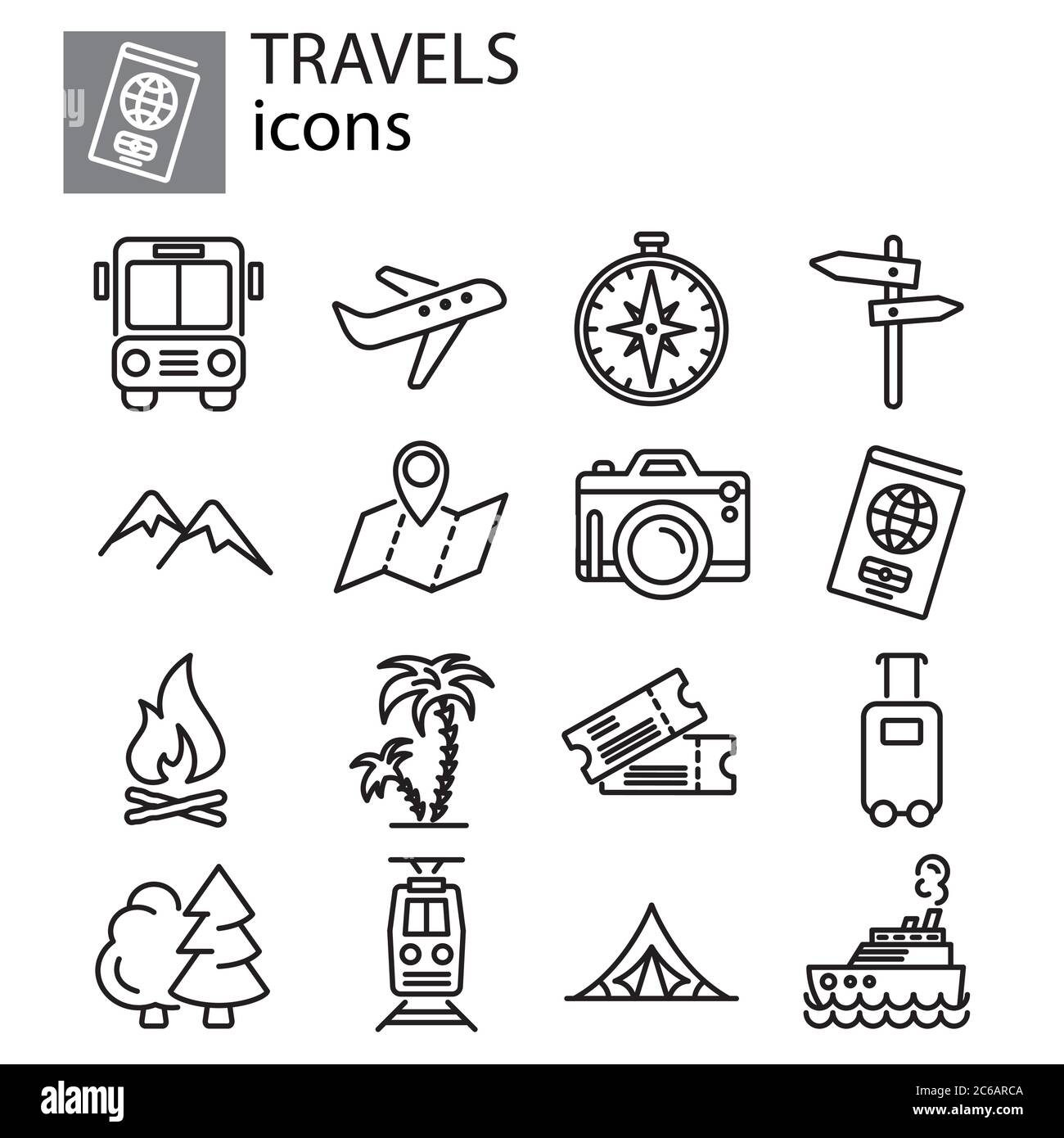 Reise-, Urlaub und Camping-Symbol Set dünne Linie, linear, Umrissschild, Symbol, Logo schwarz auf weißem Hintergrund Stock Vektor