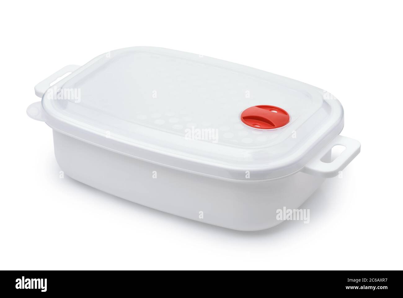 Weißer wiederverwendbarer Kunststoff-Behälter für Lebensmittel, isoliert auf Weiß Stockfoto