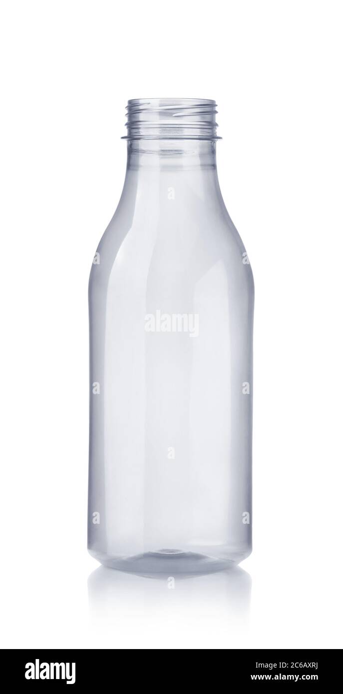 Vorderansicht der leeren Milchflasche aus Kunststoff isoliert auf Weiß Stockfoto