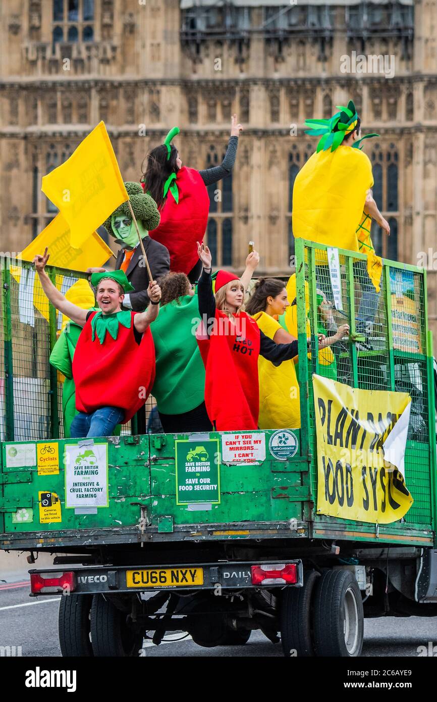 London, Großbritannien. Juli 2020. XR-Aktivisten in Obst- und Gemüsekostümen fordern ein pflanzenbasiertes Ernährungssystem - EIN langsamer Traktorkonvoi fährt vom New Covent Garden Market nach Westminster, um gegen ein mögliches Handelsabkommen mit den USA zu appellieren, das die britischen Lebensmittelstandards nicht respektiert. Rettung der britischen Landwirtschaft und des Aussterbens Rebellion Protest am Tag Rishi Sunak liefert ein Sommer-wirtschaftlichen Update für das Parlament. Kredit: Guy Bell/Alamy Live Nachrichten Stockfoto