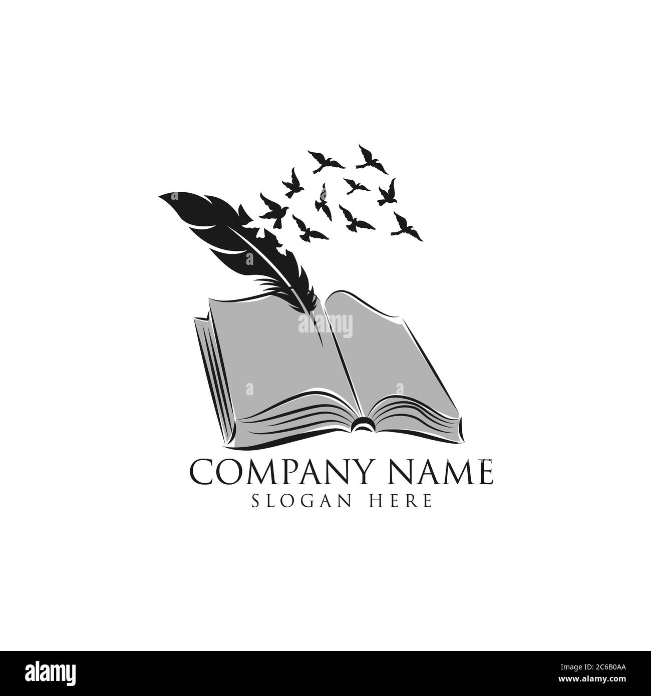 Logo offenes Buch mit Feder. Buchhandlung Symbol. Isoliert auf weißem Hintergrund. Vektorgrafik.EPS 10 Stock Vektor