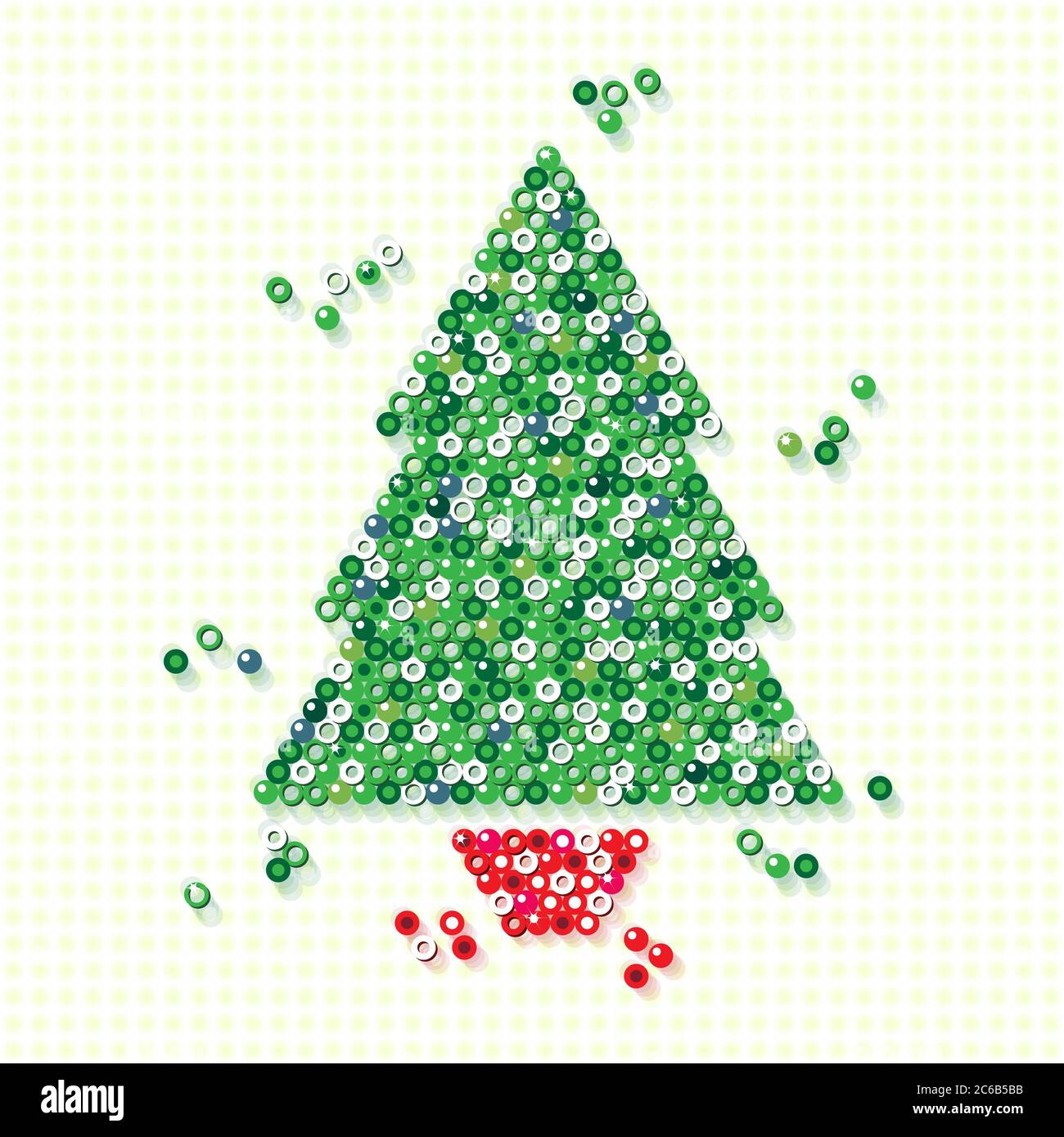 Ein Weihnachtsbaum in einem roten Topf, aus einer Vielzahl von kleinen glänzenden Perlen auf texturiertem Hintergrund erstellt. EPS10 Vektorformat mit einfachen radialen GRA Stock Vektor
