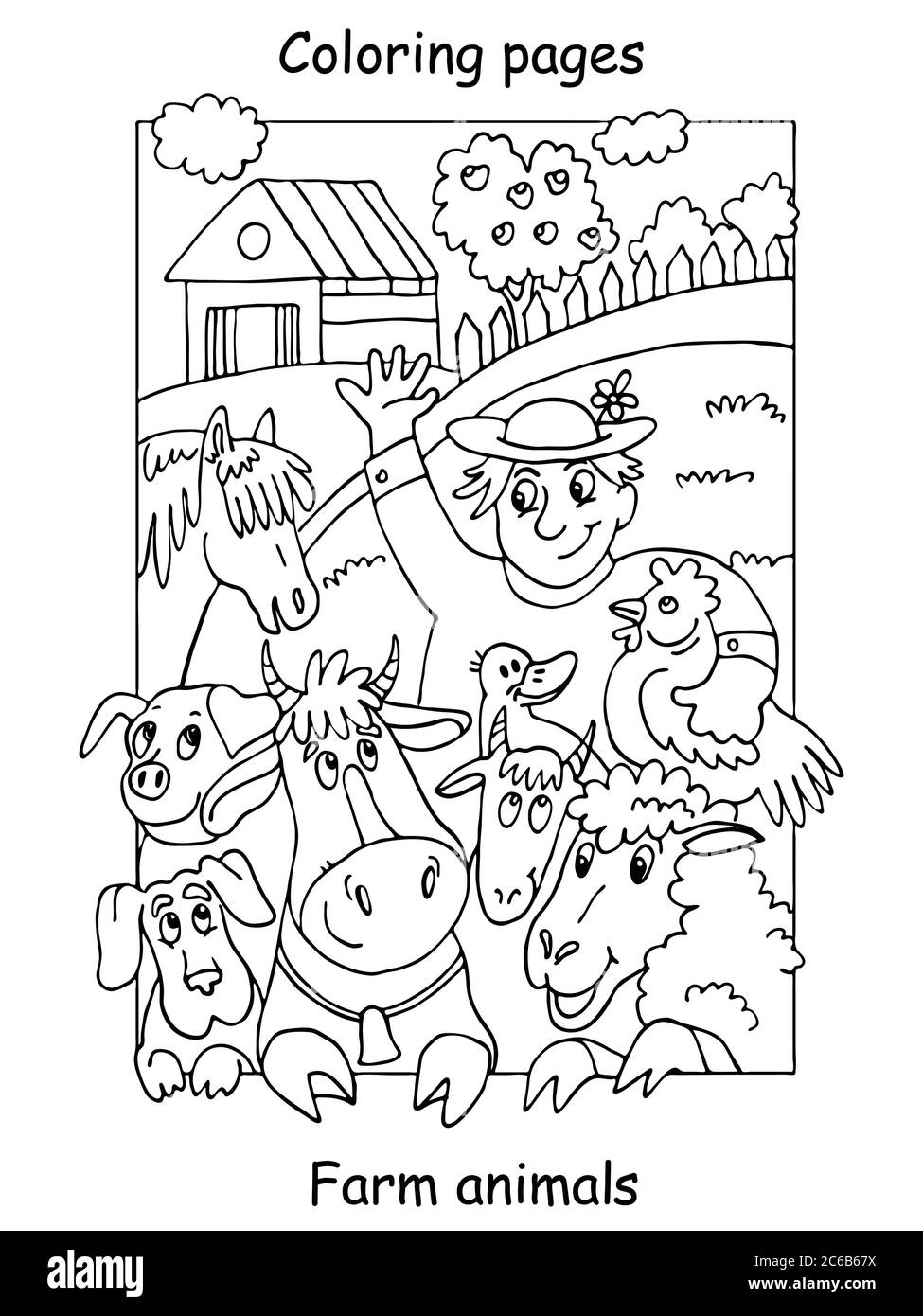Vektor Malvorlagen mit glücklichen Landwirt und seine Nutztiere. Cartoon-Kontur-Illustration isoliert auf weißem Hintergrund. Abbildung für colori Stock Vektor