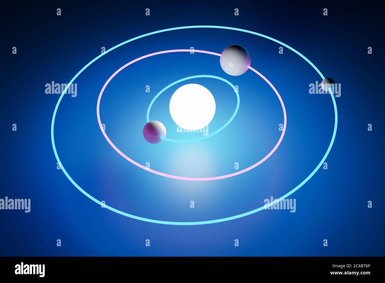 3d-Illustration Modell eines Sonnensystems mit umkreisenden Planeten in Umlaufbahnen um die Sonne auf blauem Hintergrund. Einfache geometrische Formen. Stockfoto