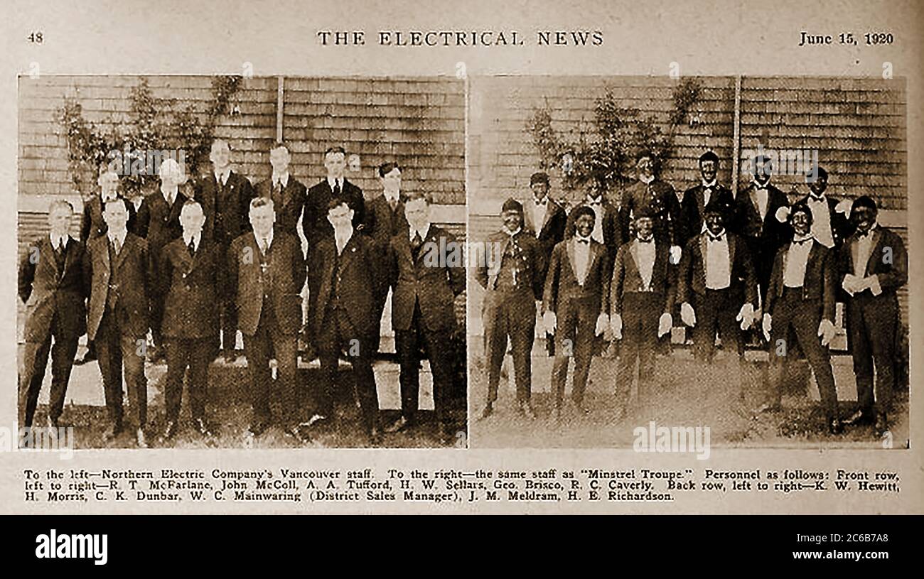 Ein Nachrichtenausschnitt aus den Electrical News (Kanada) für den 15. Juni 1920. Es zeigt zwei Fotos des gleichen Personals von der Northern Electric Company's Vancouver-Mitarbeiter, eine in Anzügen und die andere "verdunkelt" als schwarze Minstrel-Gruppe. Die Namen der Mitarbeiter sind enthalten. Stockfoto