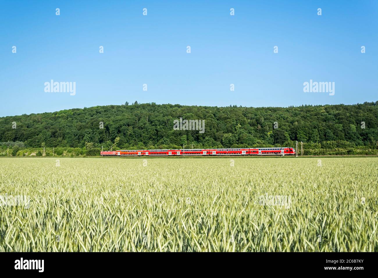 Feld mit rotem Zug im Hintergrund in ländlicher Landschaft Stockfoto