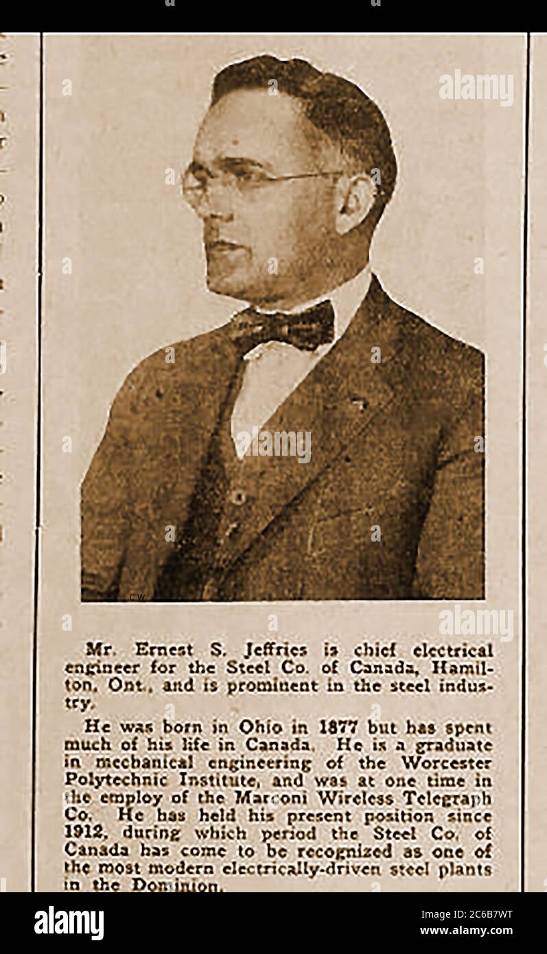 1920 - BIOGRAPHIE und Porträt des amerikanischen Ernest F Jeffries, Chief Electrical Engineer der Steel Company of Hamilton, Kanada, der einst Mitarbeiter der Marconi Wireless Telegraph Company war. Stockfoto