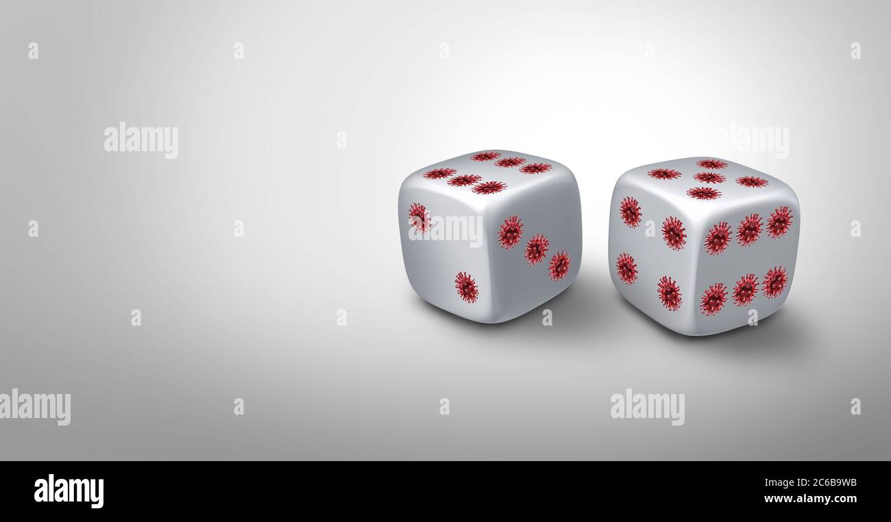 Chance der Infektion Krankheitskonzept als Würfel mit Pips als Viruszellen als covid-19 oder Coronavirus und Grippe oder Influenza Cantagion geformt. Stockfoto