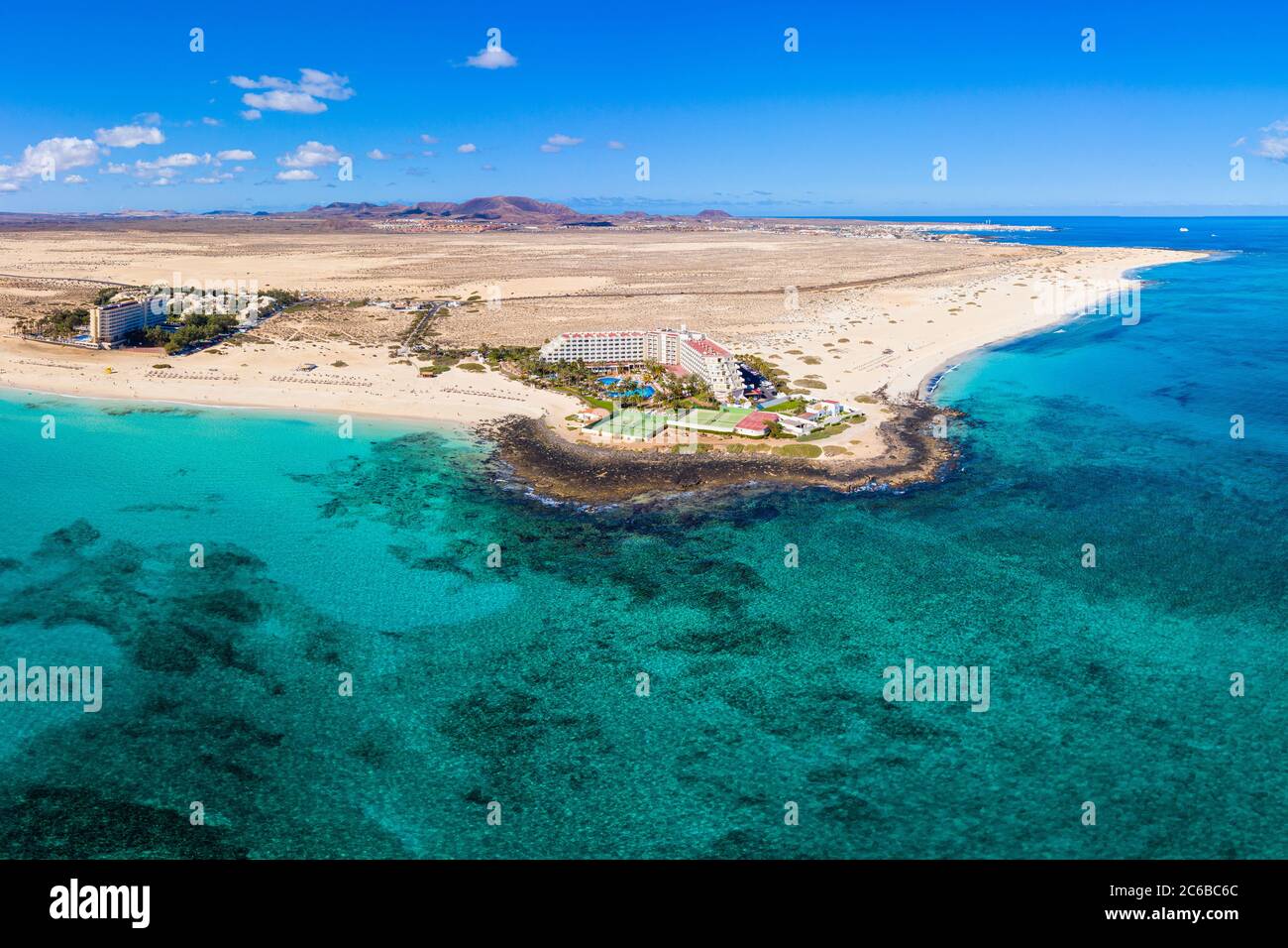 Parque Natural de Corralejo, Strand und Resort in der Nähe von Corralejo, Fuerteventura, Kanarische Inseln, Spanien, Atlantik, Europa Stockfoto