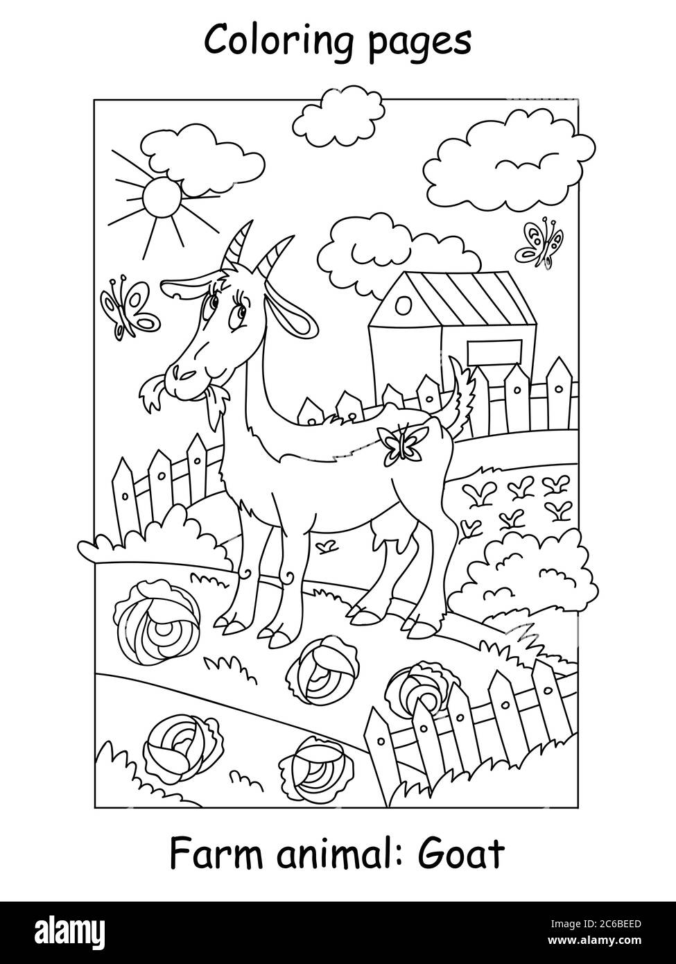 Vektor-Malvorlagen mit lustigen Ziege Kauen einer Kabine auf dem Bauernhof. Cartoon-Kontur-Illustration isoliert auf weißem Hintergrund. Abbildung für Stock Vektor
