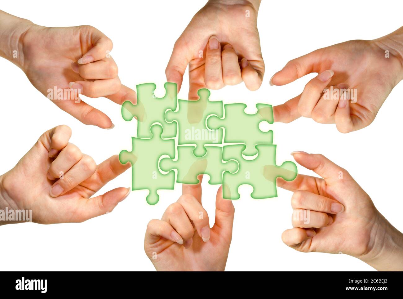 Viele Hand zeigt auf virtuelle Puzzle Stockfoto