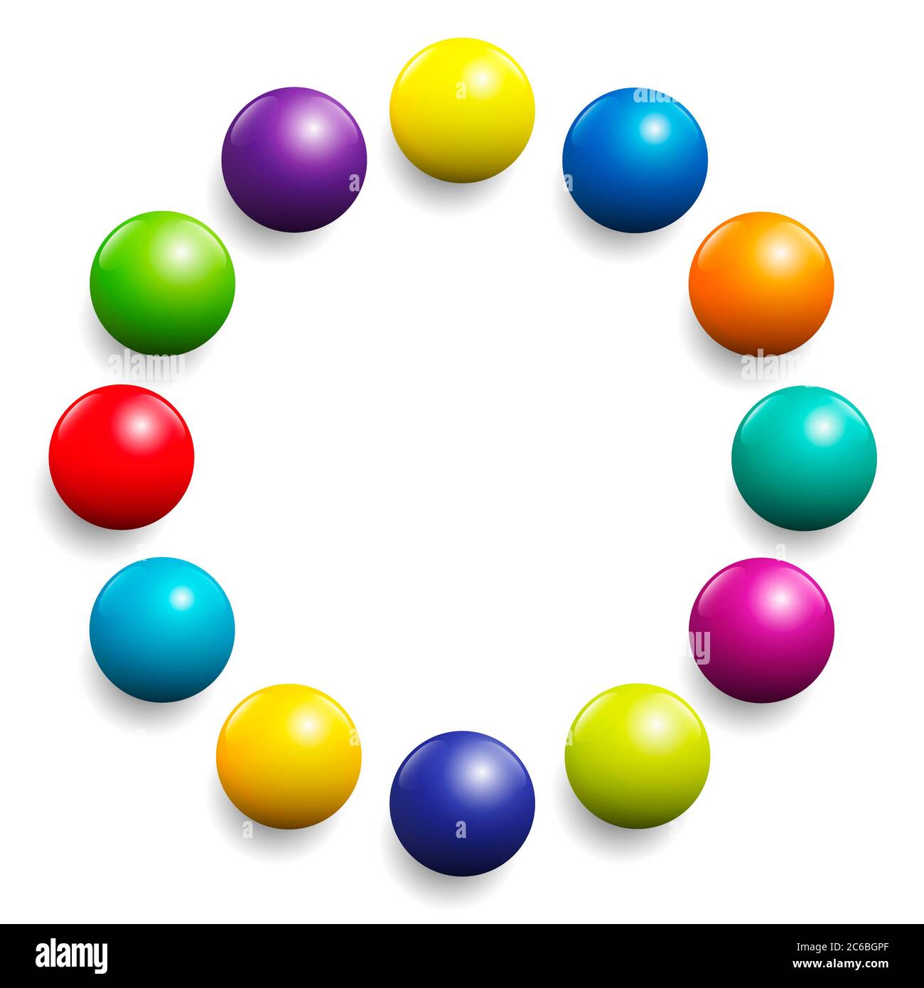 Bunte Kugel Kreis. Sehr glänzendes Farbspektrum, das von zwölf Kugeln gebildet wird - Illustration auf weißem Hintergrund. Stockfoto
