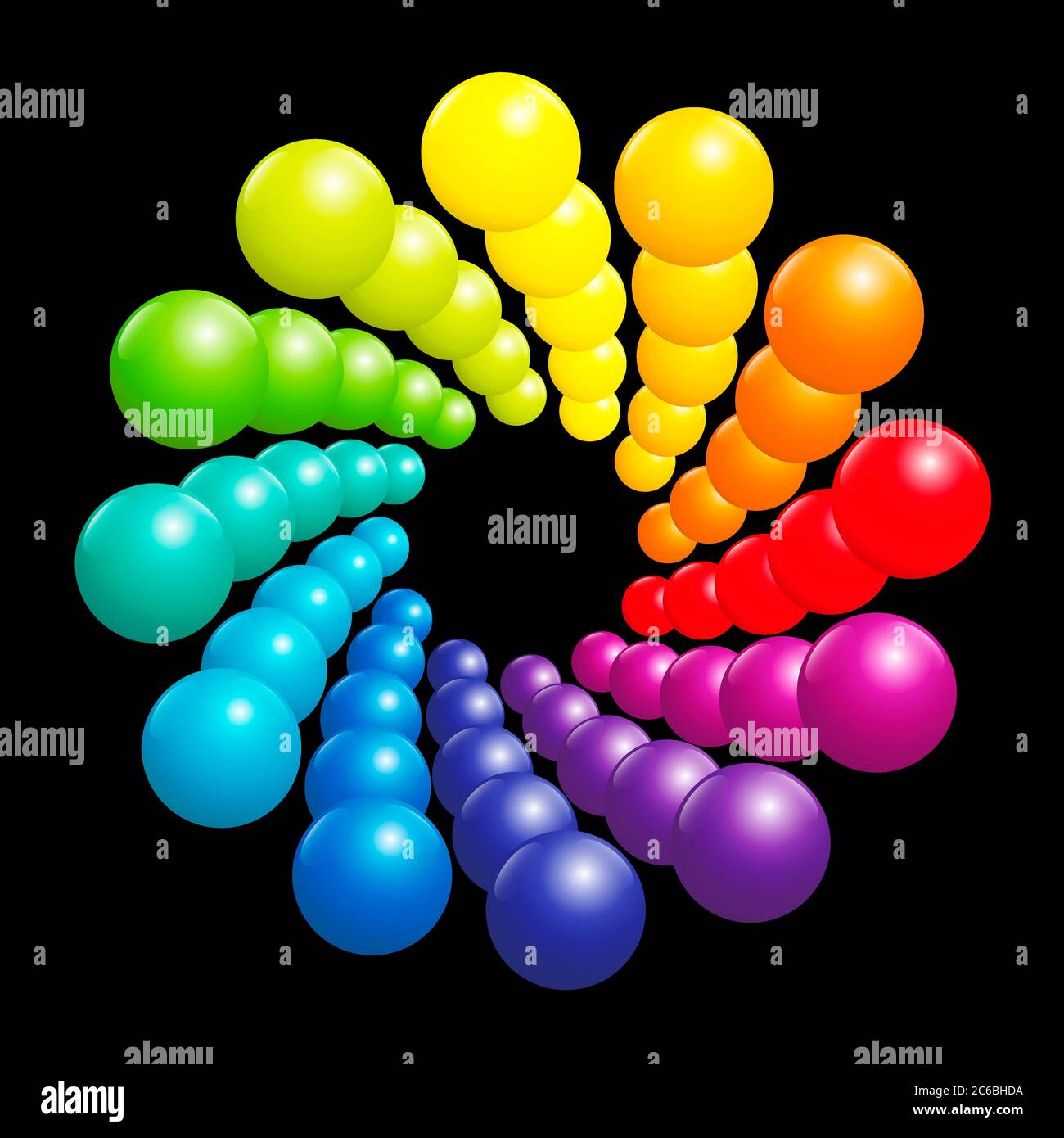 Bunte Spiralmuster, sehr glänzendes Regenbogenspektrum, gebildet von vielen dreidimensionalen farbigen Kugeln - Illustration auf schwarzem Hintergrund. Stockfoto