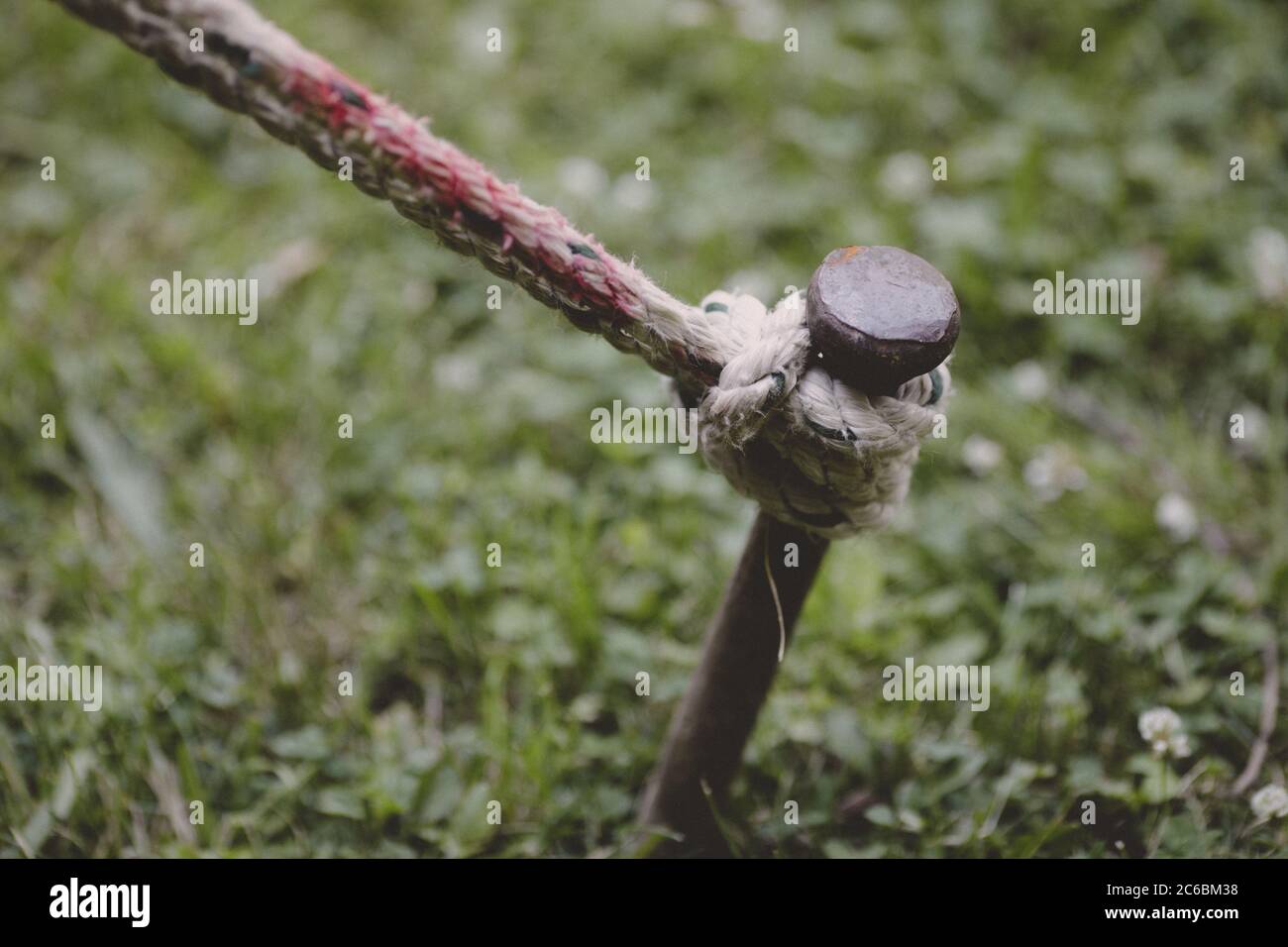 Bild mit geringer Schärfentiefe (selektiver Fokus) mit einem Seil, das ein großes Zelt (nicht abgebildet) hält, das an einen schweren Metallspieß gebunden ist, der im Boden vergraben ist. Stockfoto