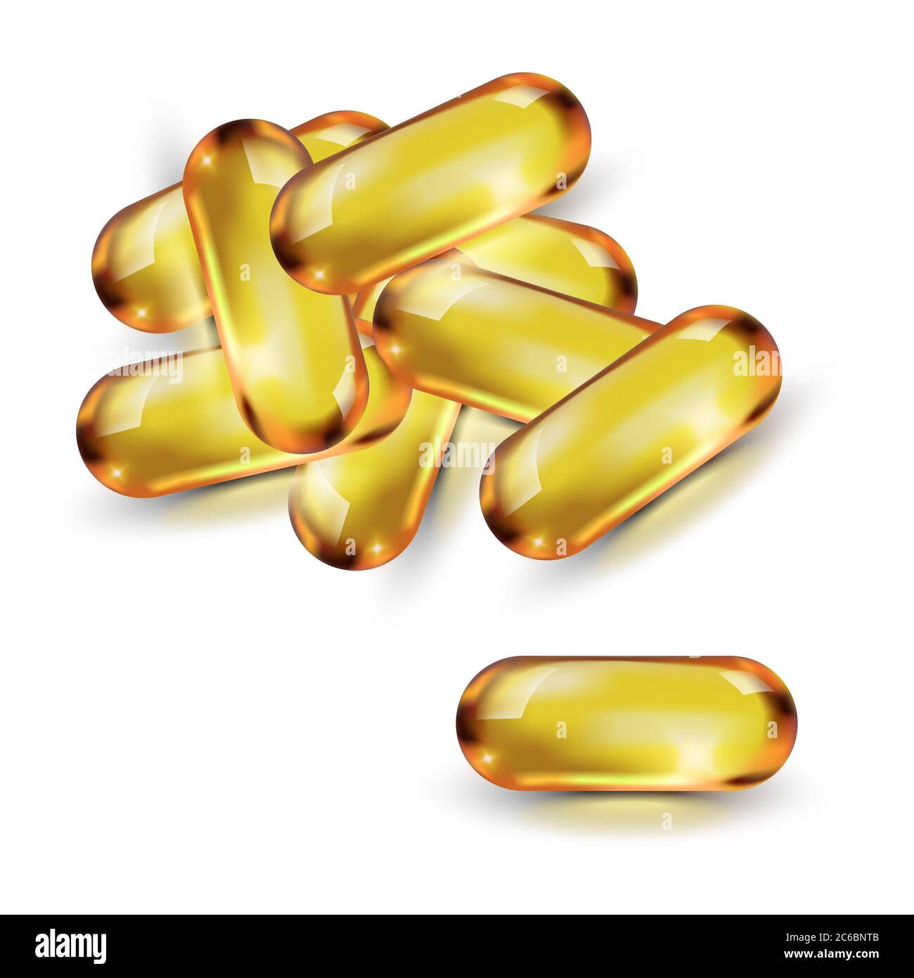 Öl goldene Kapsel isoliert auf weißem Hintergrund. Kosmetische Pille Kapsel von Vitamin E, A, Argan-Mandelöl, Omega-3, Fisch. Goldene Glaskugel-Vorlage. Stockfoto