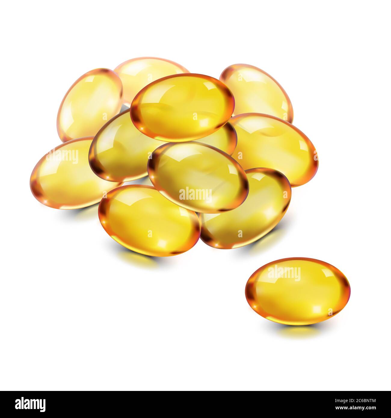 Öl Kapsel Gold ovale Blase isoliert auf weißem Hintergrund. Kosmetische Vitamin E, A, Omega 3. Antibiotika-Gel-Pille Icon-Vorlage für Leber, Fisch. Stockfoto