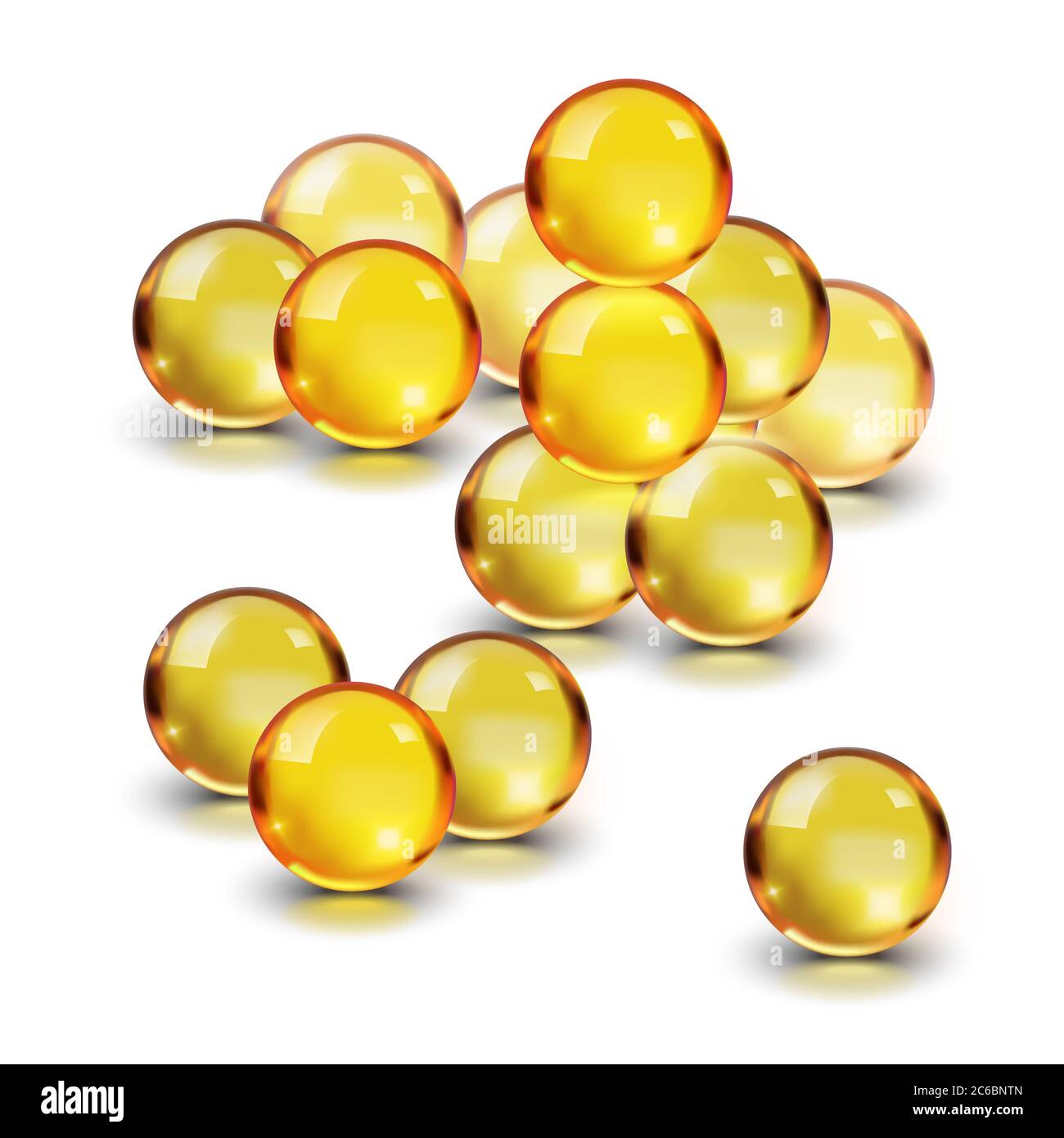 Ölgold Glaskugel isoliert auf weißem Hintergrund. Kosmetische Pille Kapsel von Vitamin E, A, Arganöl, Mandel, Kabeljau Leber, Omega-3, Fisch. Stockfoto