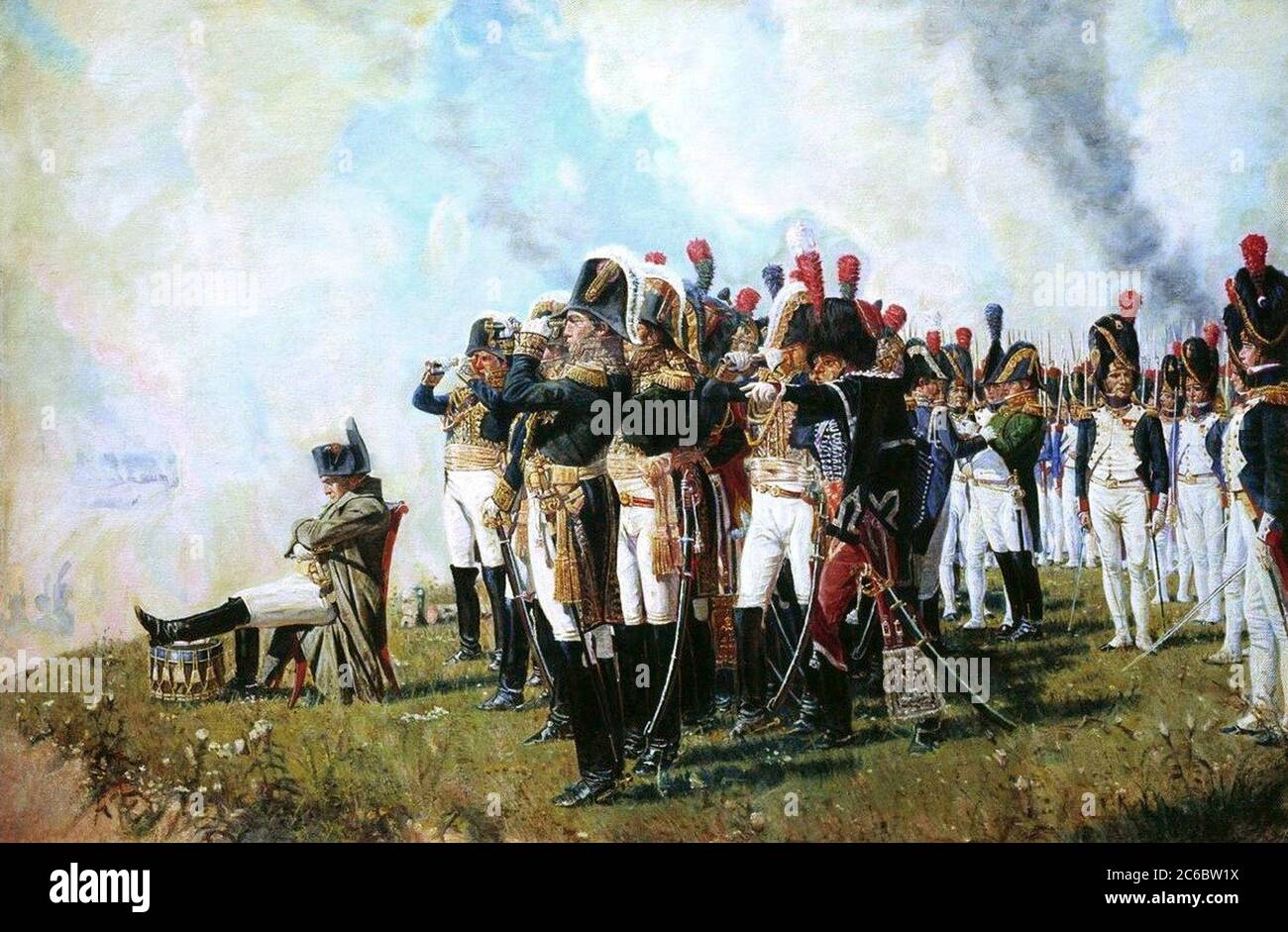 Napoleon und seine Mitarbeiter in Borodino, 1897 Gemälde von unbekannten Künstler. Die Schlacht von Borodino[a] war eine Schlacht, die am 7. September 1812 in den napoleonischen Kriegen während der französischen Invasion Russlands ausgetragen wurde. Stockfoto