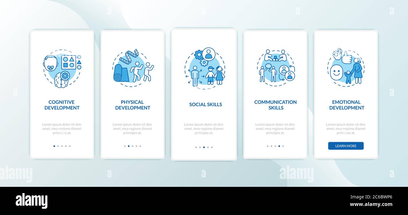 Entwicklung von Fähigkeiten für Kinder Onboarding Mobile App Seite Bildschirm mit Konzepten. Kindergarten. Kinderbetreuung. 5-stuf  LW AT  -grafische Anleitungen für die Komplettlösung Stock Vektor