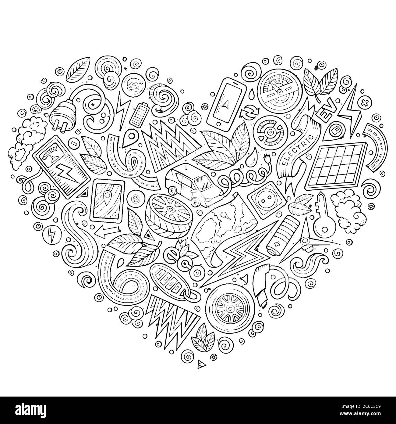 Vektor Hand gezeichnet Satz von Eco Autos Doodle Objekte Stock Vektor