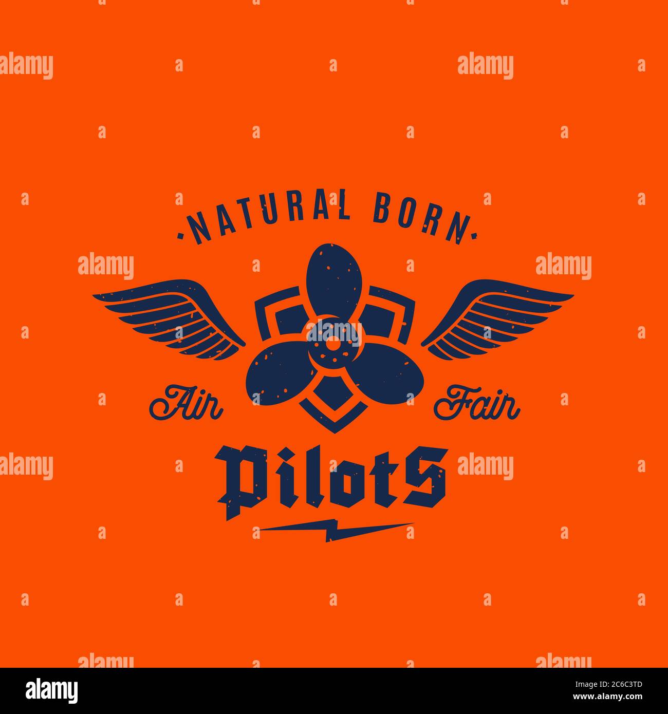 Natural Born Pilots Flugzeug Vektor Retro Label, Zeichen oder Logo Vorlage. Luftschraube am Schild mit Flügeln und Typografie. Auf Orangefarbenem Hintergrund Stock Vektor