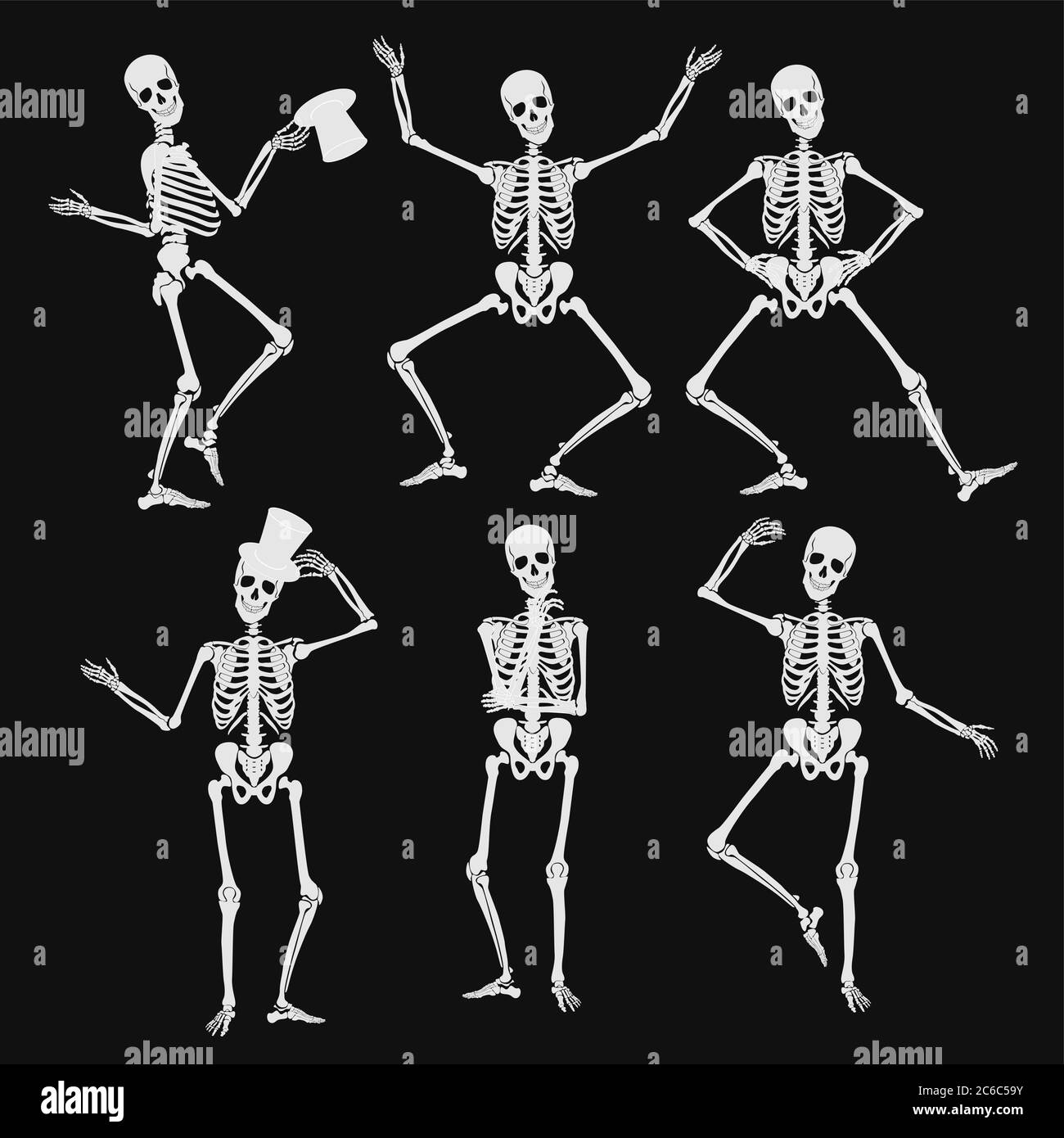 Homan Skelette Silhouetten in verschiedenen Posen isoliert auf schwarzen Vektor-Illustration Stock Vektor