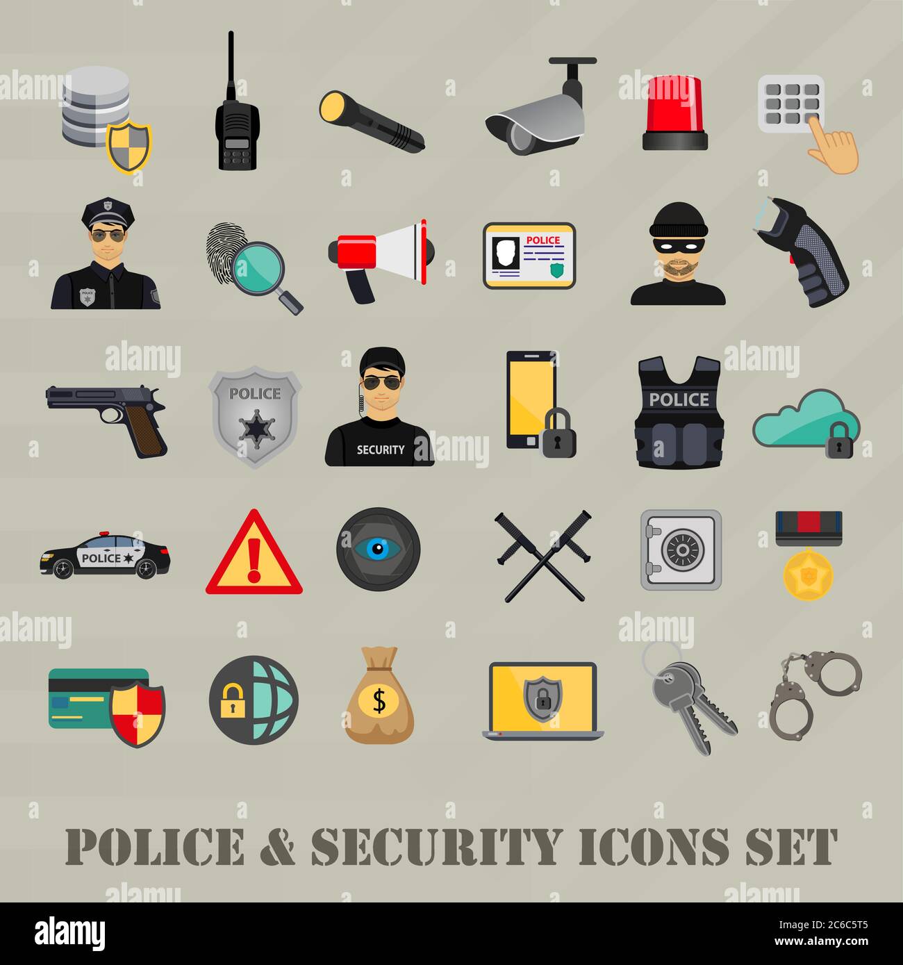 Vektor-Sicherheit Symbole gesetzt, Polizei, Gesetz und Kriminalität Infografiken Elemente. Web-Bank-Sicherheit Symbol isoliert Stock Vektor