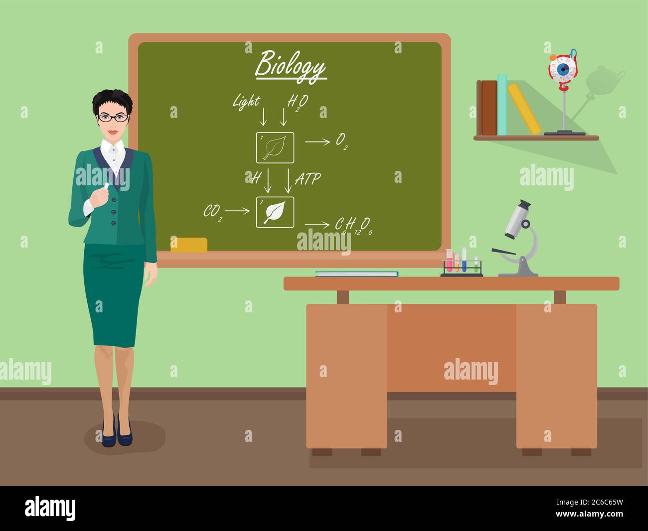 Schule Biologie Frau Lehrerin in Publikum Klasse Konzept. Schüler und Lehrer Wissenschaft und Bildung Wissen Vektor Illustration. Stock Vektor