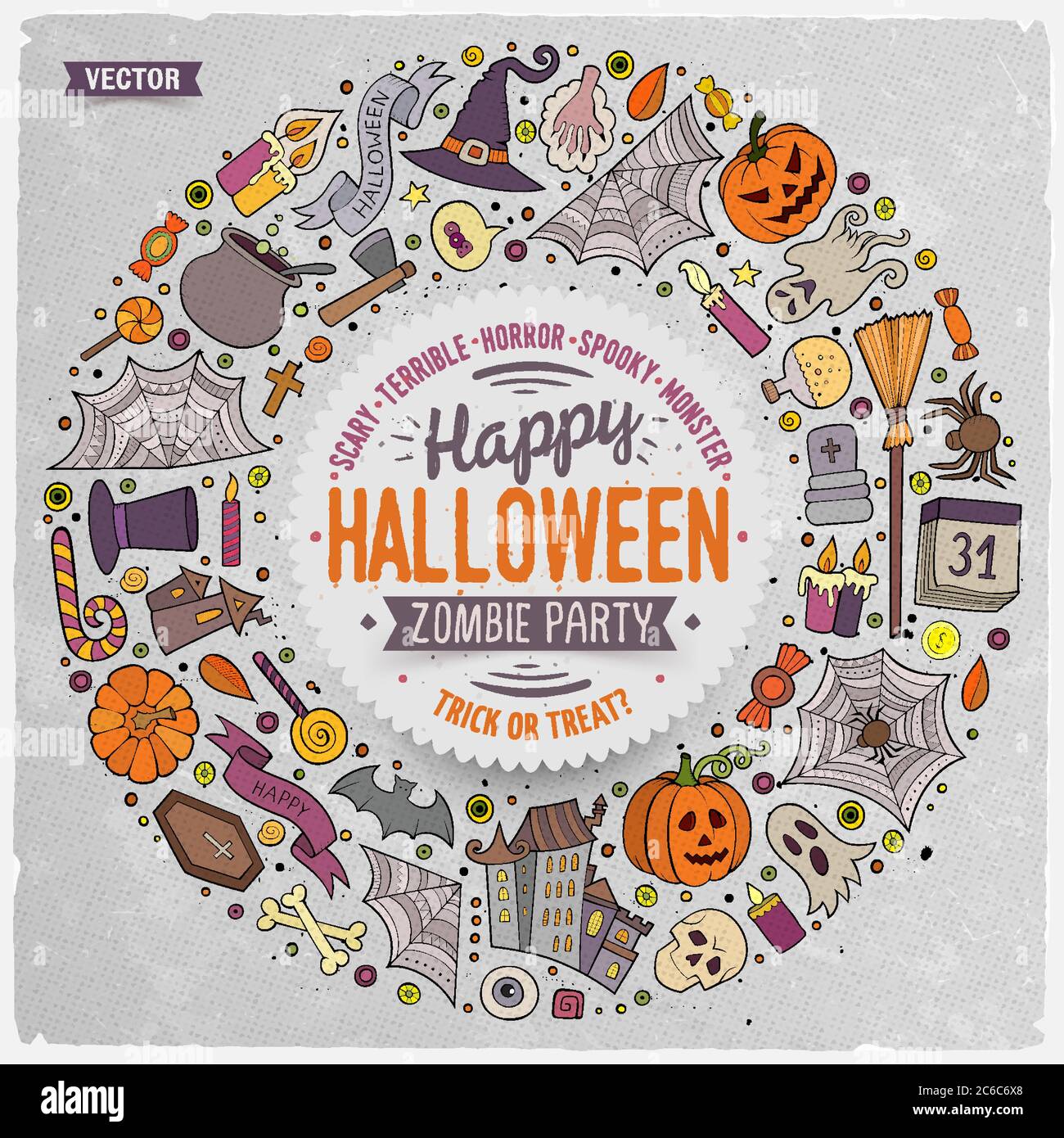 Runde Rahmen Halloween Cartoon-Objekte, Symbole und Artikel Stock Vektor