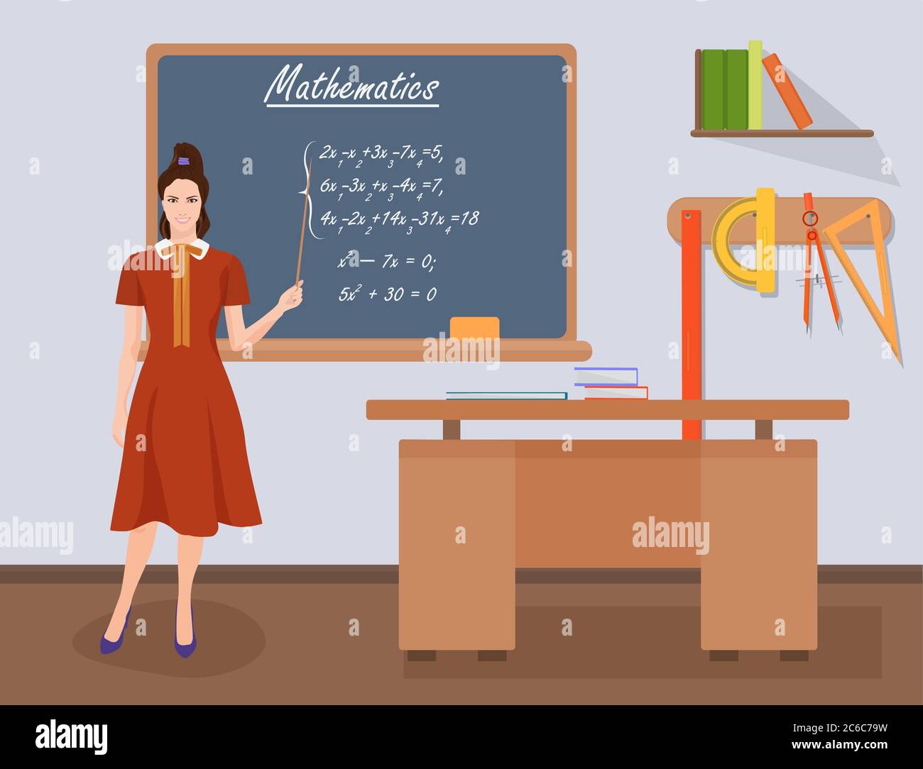 Schule Mathematik weibliche Lehrerin in Publikum Klasse Konzept. Schüler und Lehrer Wissenschaft und Bildung Wissen Vektor Illustration Stock Vektor
