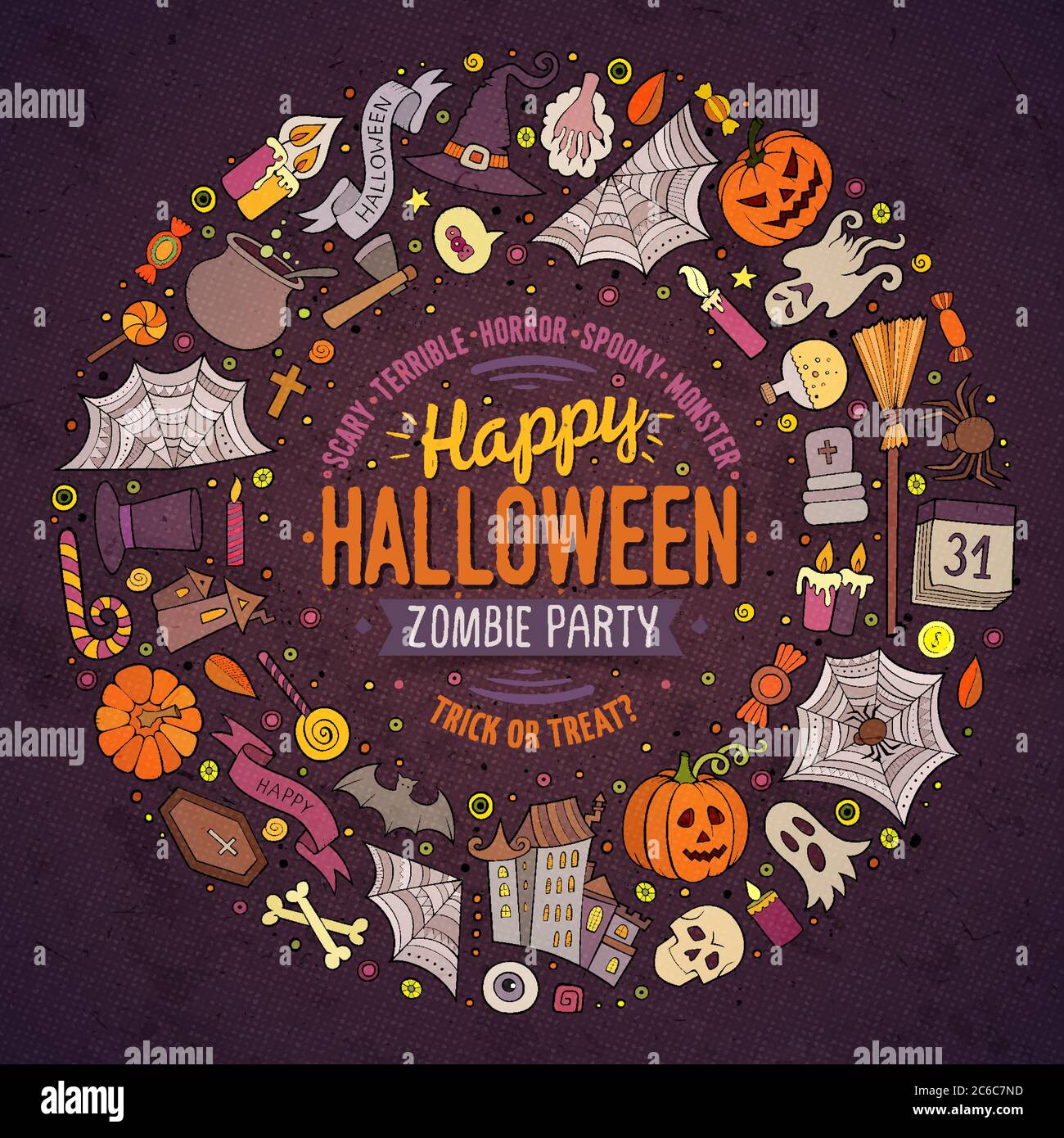 Runde Rahmen Halloween Cartoon-Objekte, Symbole und Artikel Stock Vektor