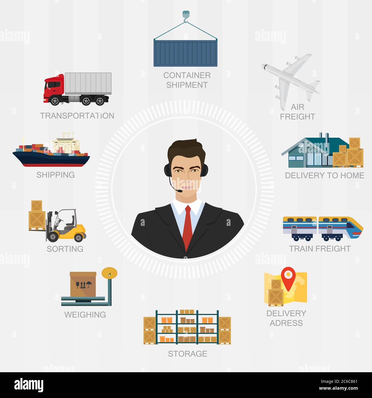 Vector Logistikmanager Agentenkonzept. Abbildung des Liefergutsystems für Vektordienste Stock Vektor