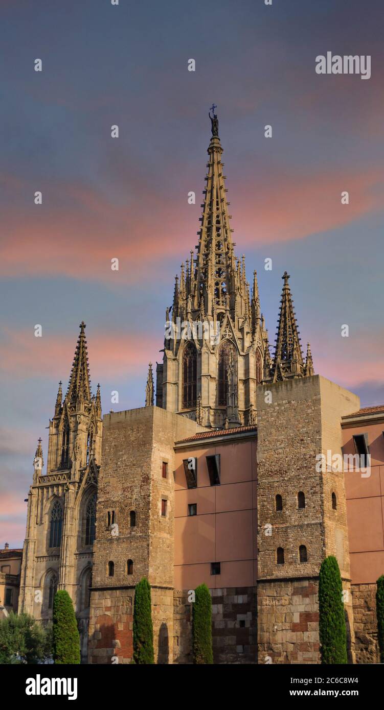 Kirchtürme auf der alten Kathedrale von Barcelona Stockfoto