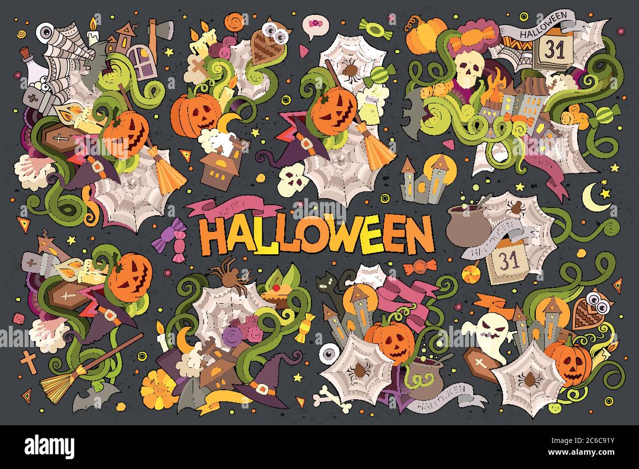 Bunte Vektor Hand gezeichnet Doodle Cartoon Satz von Objekten und Symbolen auf dem Halloween-Thema Stock Vektor