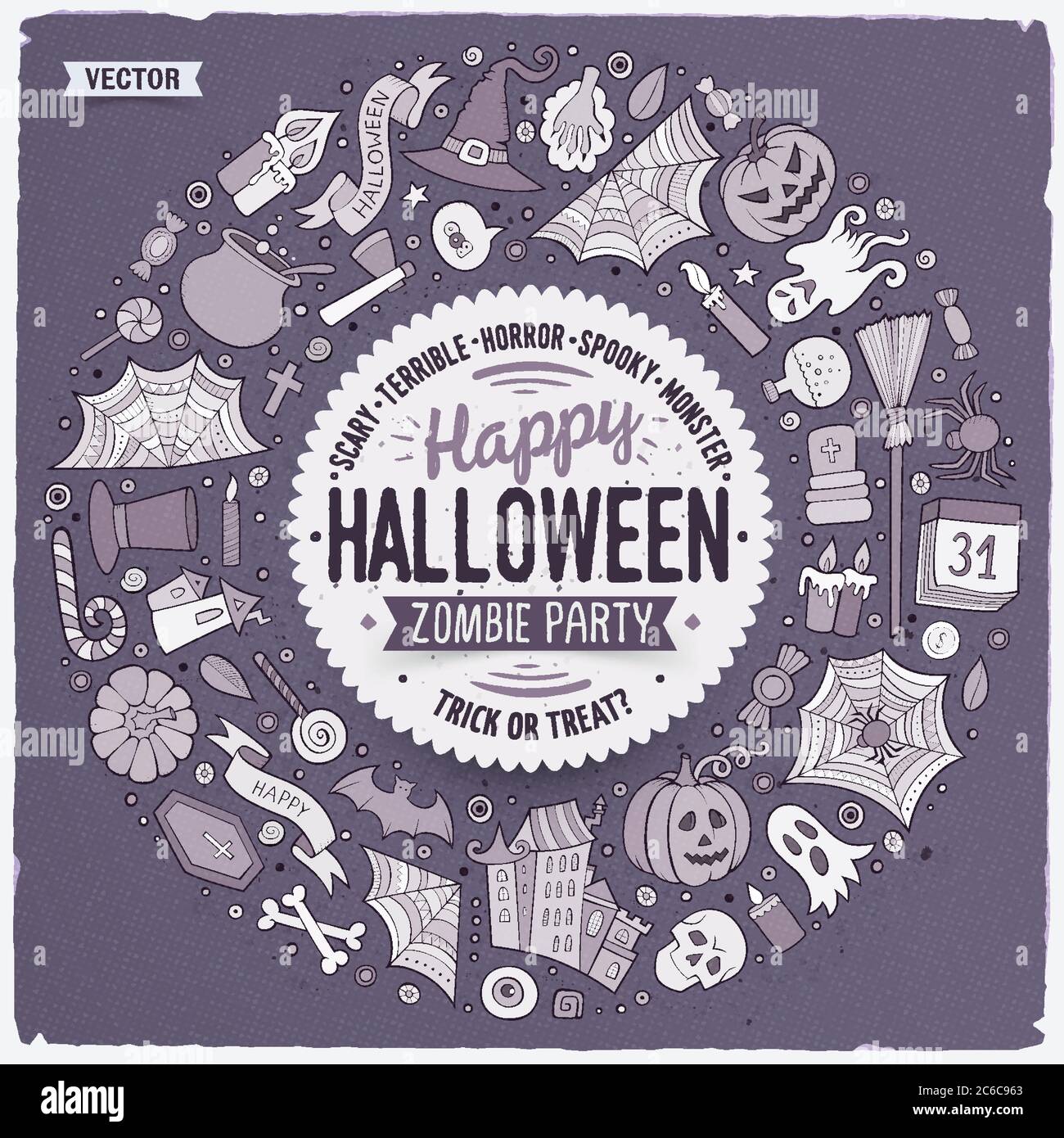 Runde Rahmen Halloween Cartoon-Objekte, Symbole und Artikel Stock Vektor