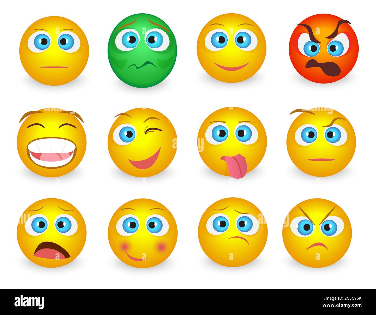 Satz Emoji Emoticons Gesicht Symbole isoliert. Vektorgrafik Stock