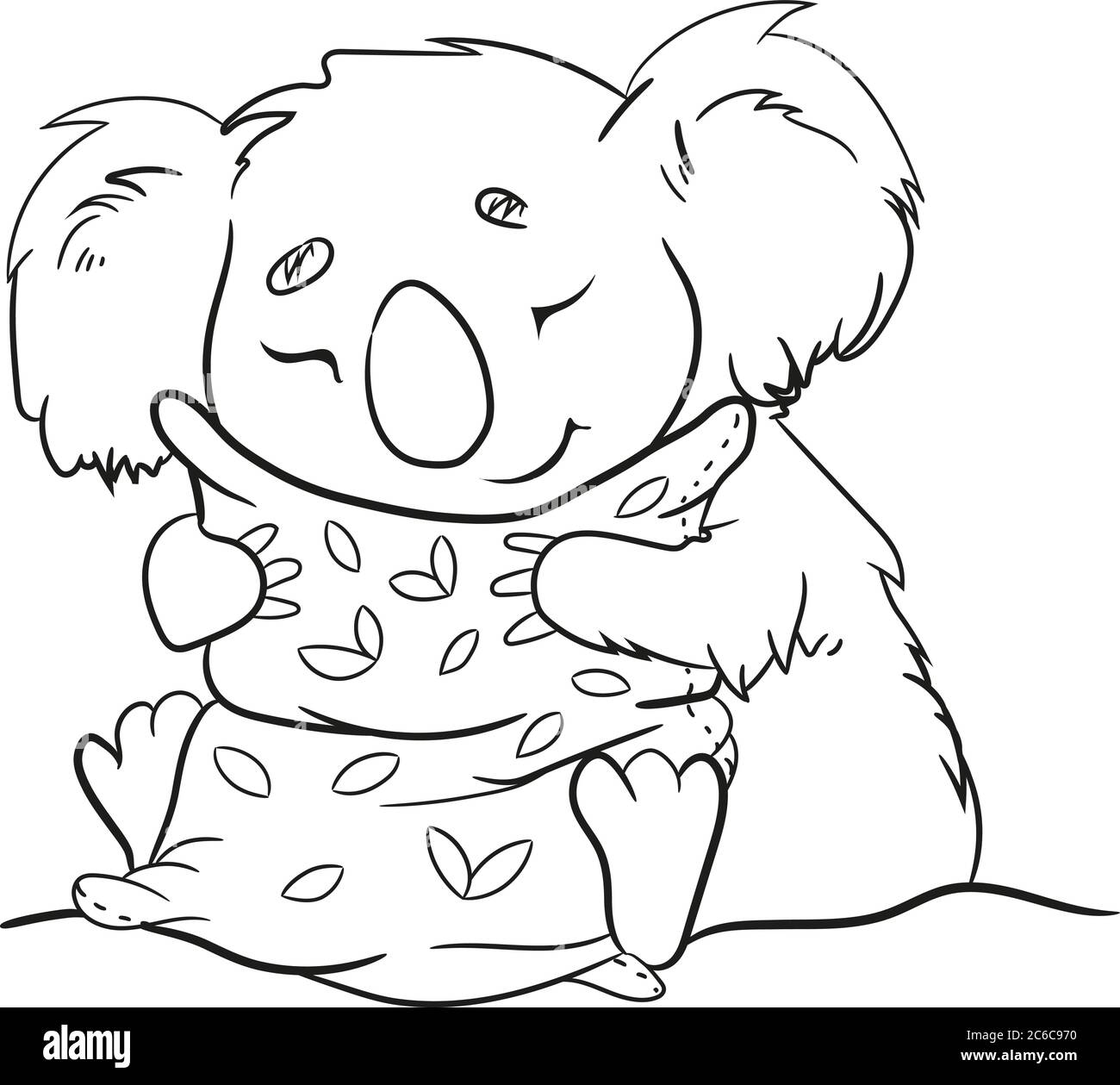 Koala Bär Vektor schläft mit einem Kissen. Muster von Blättern aus Eukalyptus. Druck für Pyjama, Kissen, Nachthemd. Stock Vektor