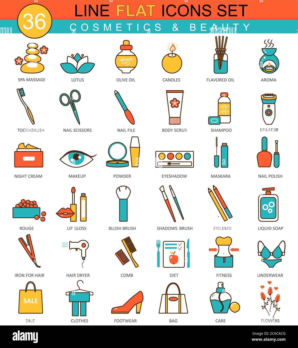 Vektor Schönheit und Kosmetik flacher Linie Icon Set. Modernes elegantes Design für Web Stock Vektor