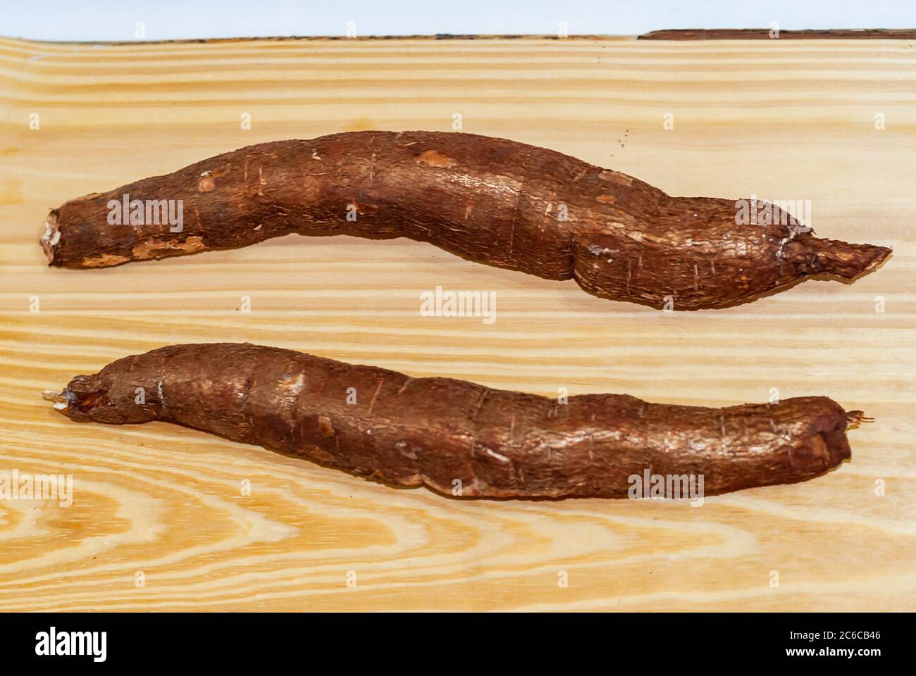 Rohe Yucca auf dem Holztisch, Manihot esculenta. (Cassava roh Knolle). Maniok, auch Mandioca, Yuca, Balinghoy, mogo, Mantoca, kamoteng kahoy genannt, Stockfoto