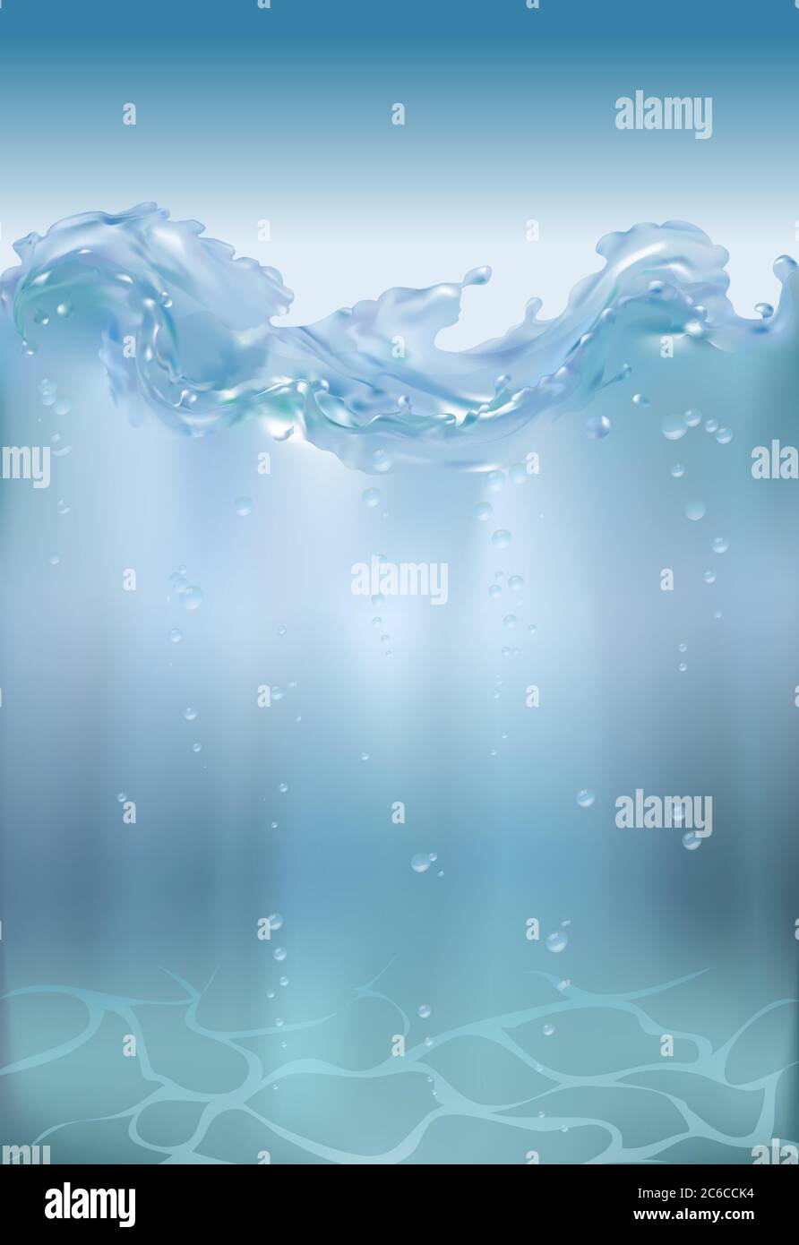 Reines Wasser mit klaren Blasen unter dem Wasser 3d realistische Illustration, Unterwasserblau Ozean Hintergrund. Banner mit Horizont Wasseroberfläche. Stock Vektor