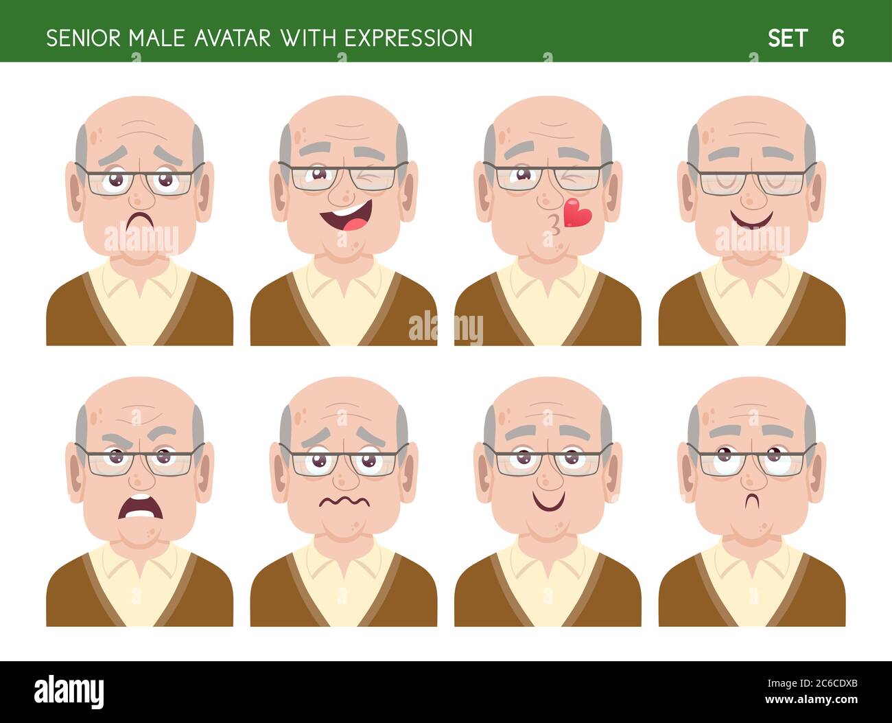 Satz von Opa Gesichtsemotionen. Ältere männliche Cartoon-Stil Charakter mit verschiedenen Ausdrücken. Vektorgrafik. Stock Vektor