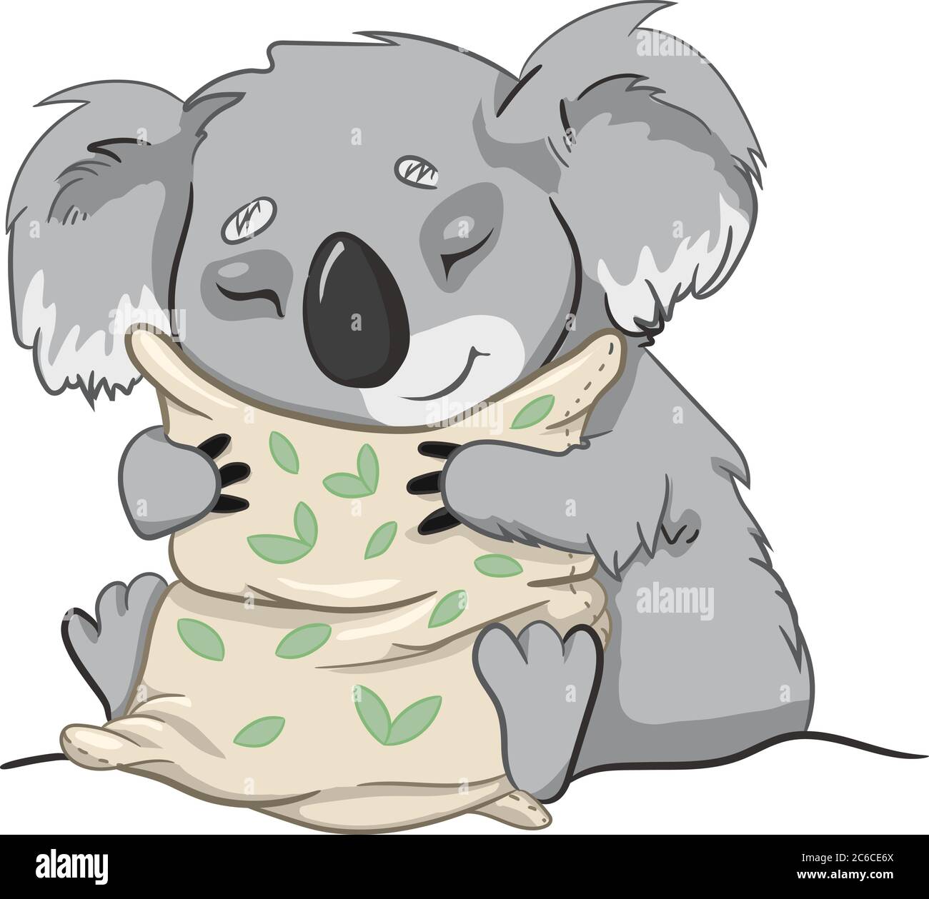Koala Bär Vektor schläft mit einem Kissen. Muster von Blättern aus Eukalyptus. Druck für Pyjama, Kissen, Nachthemd. Stock Vektor