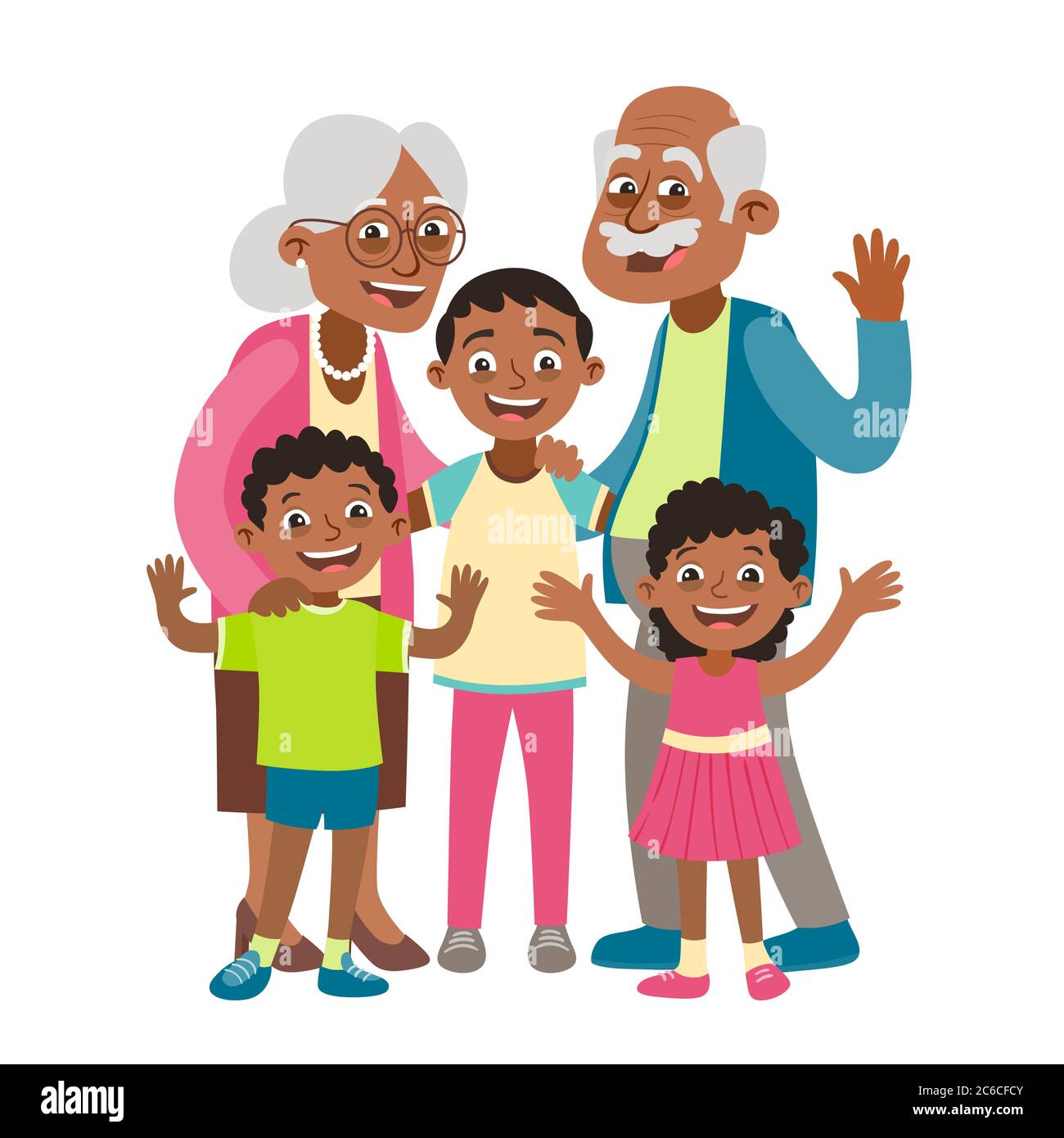 Großeltern, Enkel und zwei Enkel Porträt. Happy Großeltern Tag Konzept. Vektor-Illustration im Cartoon-Stil, isoliert auf weißem Hintergrund Stock Vektor