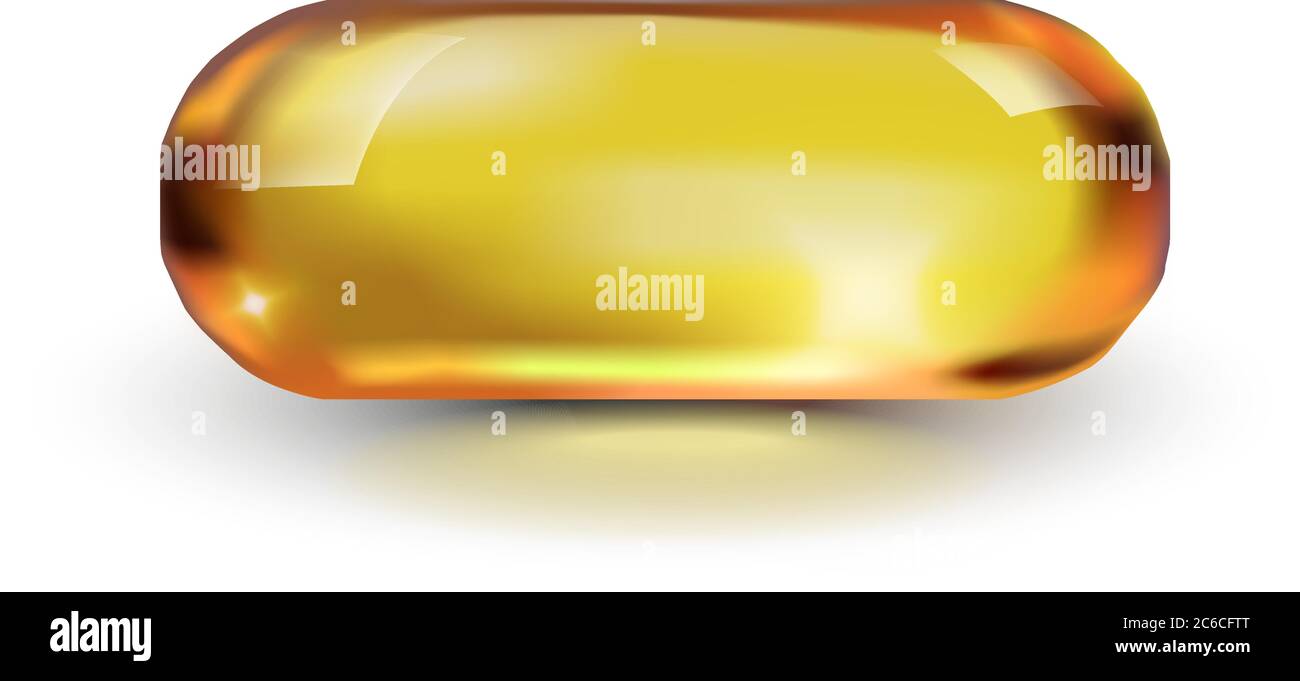Öl goldene Kapsel in Vektor isoliert auf weißem Hintergrund. Kosmetische Pille Kapsel von Vitamin E, A, Argan-Mandelöl, Omega-3, Fisch. Stock Vektor
