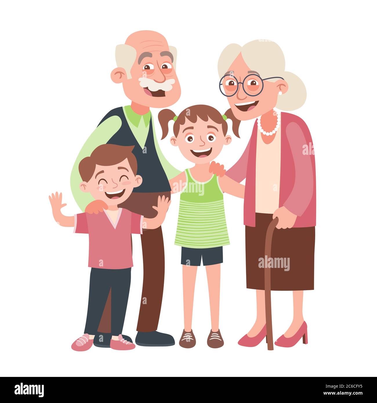 Großeltern, Großeltern und Enkelkinder Porträt. Happy Großeltern Tag Konzept. Vektorgrafik im Cartoon-Stil, isoliert auf weißem Hintergrund Stock Vektor