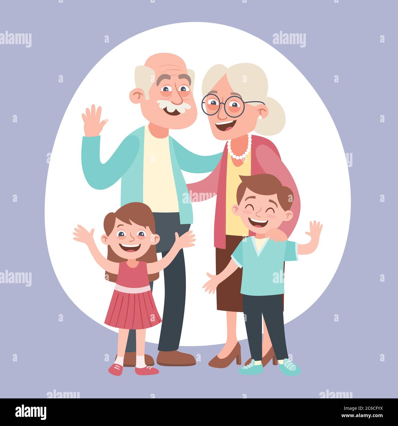 Glückliche Großeltern und zwei kleine Enkelkinder porträtieren. Happy Großeltern Tag Konzept. Vektorgrafik im Cartoon-Stil. Stock Vektor